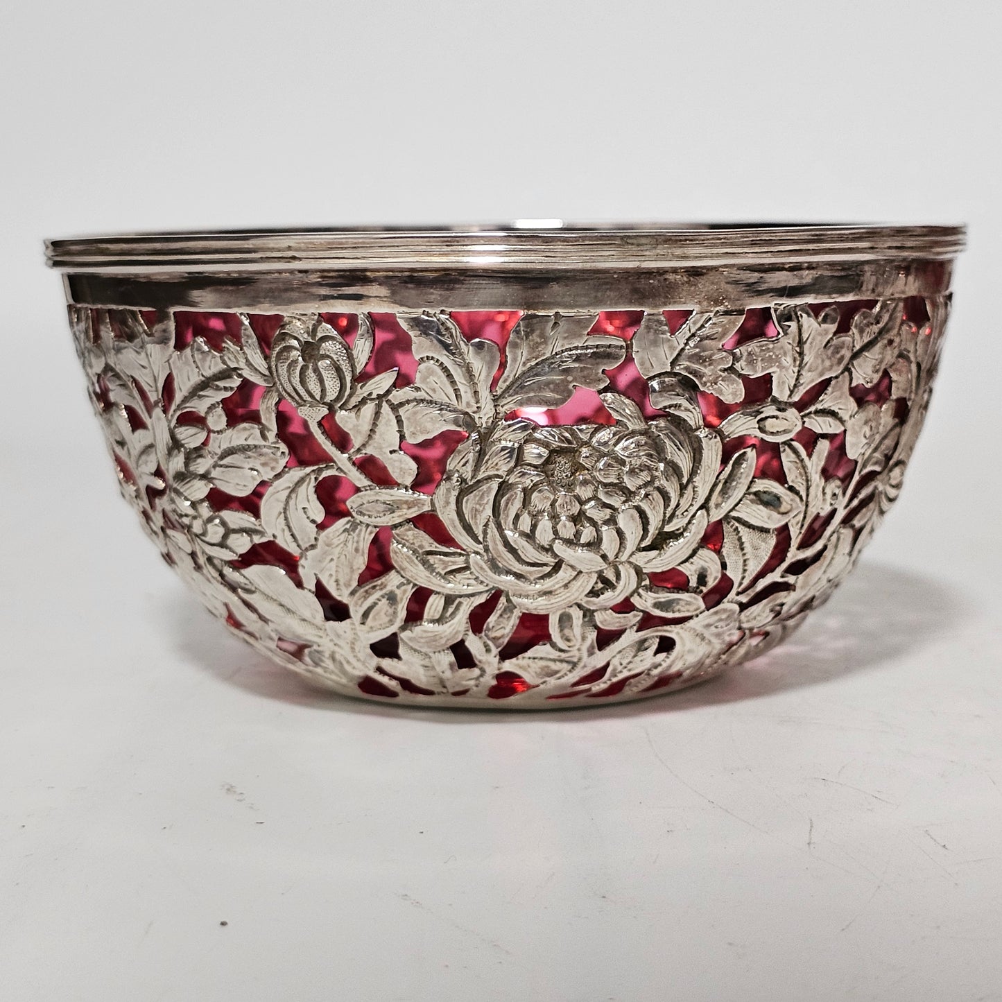 Stunning Pair Of Chinese Silver Bowls With Pink Glass Liners By Wang Hing C1900