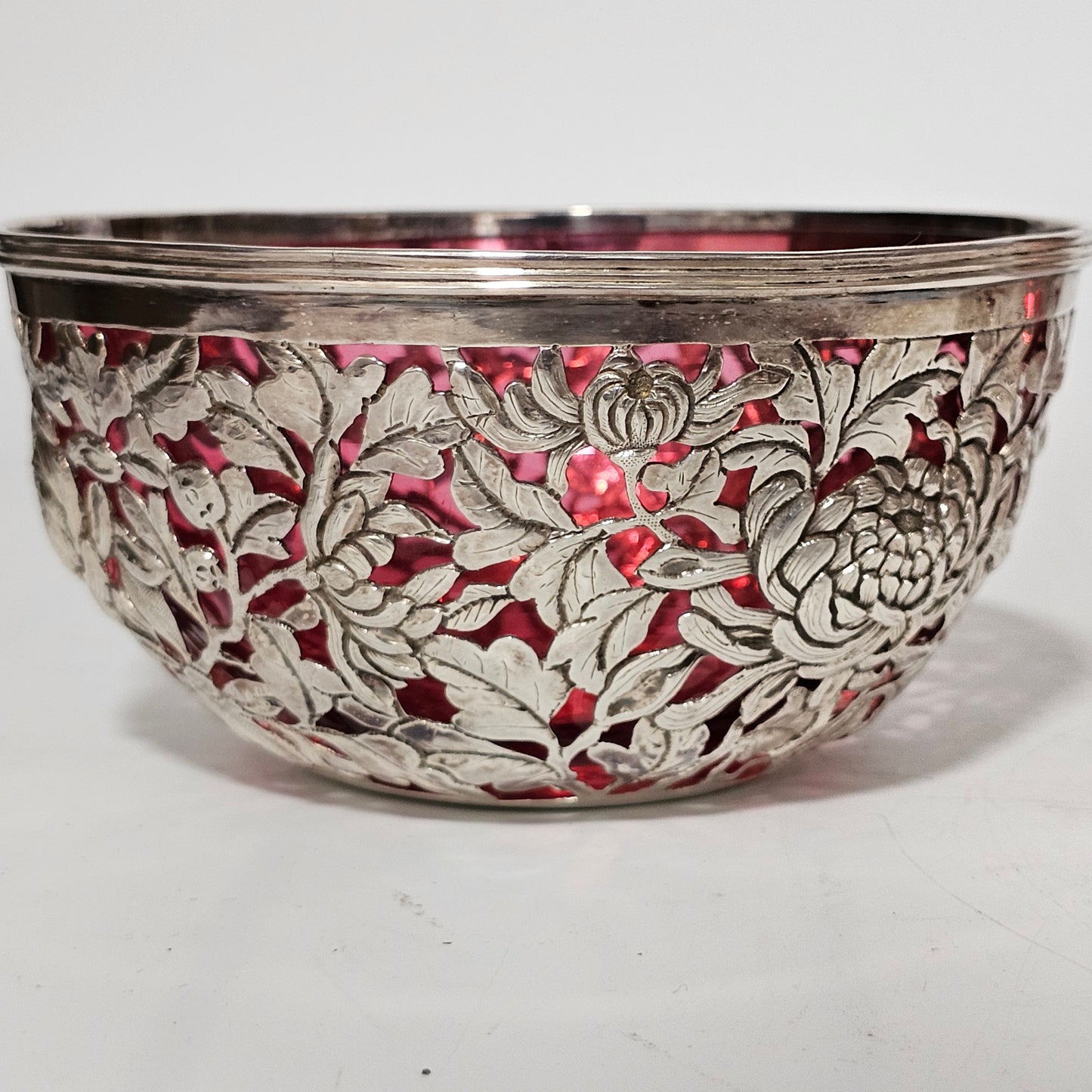 Stunning Pair Of Chinese Silver Bowls With Pink Glass Liners By Wang Hing C1900