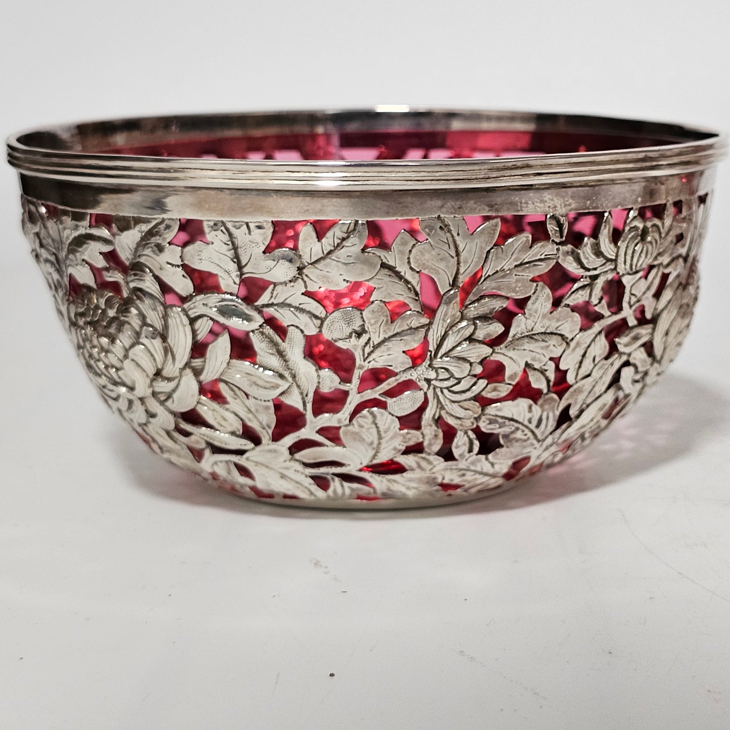 Stunning Pair Of Chinese Silver Bowls With Pink Glass Liners By Wang Hing C1900