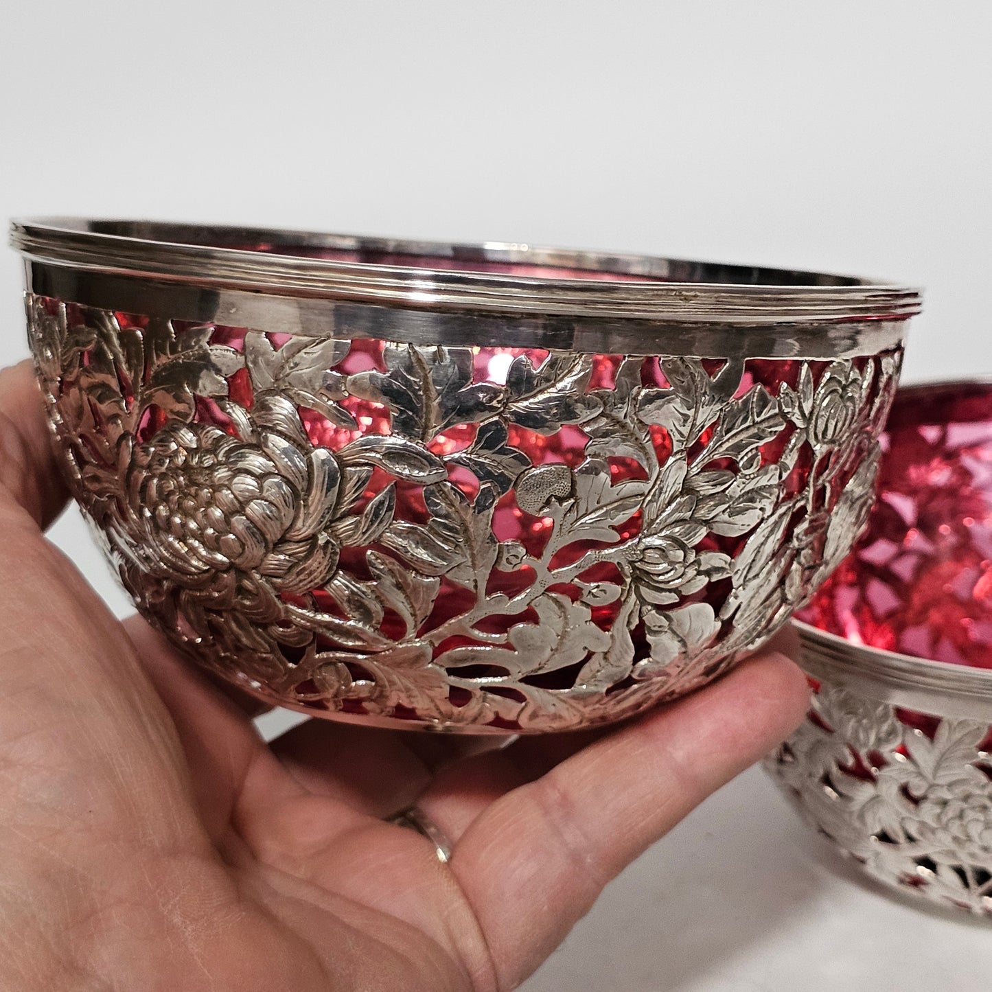 Stunning Pair Of Chinese Silver Bowls With Pink Glass Liners By Wang Hing C1900