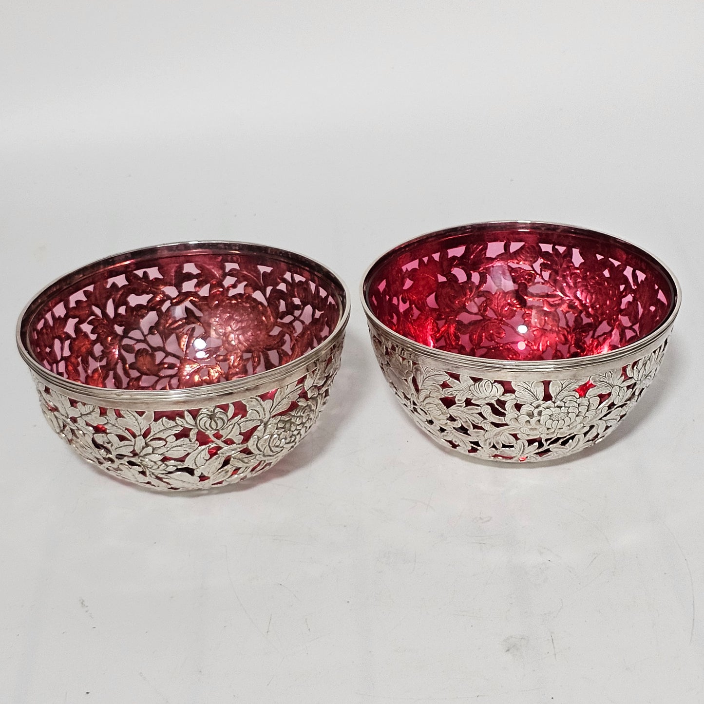 Stunning Pair Of Chinese Silver Bowls With Pink Glass Liners By Wang Hing C1900