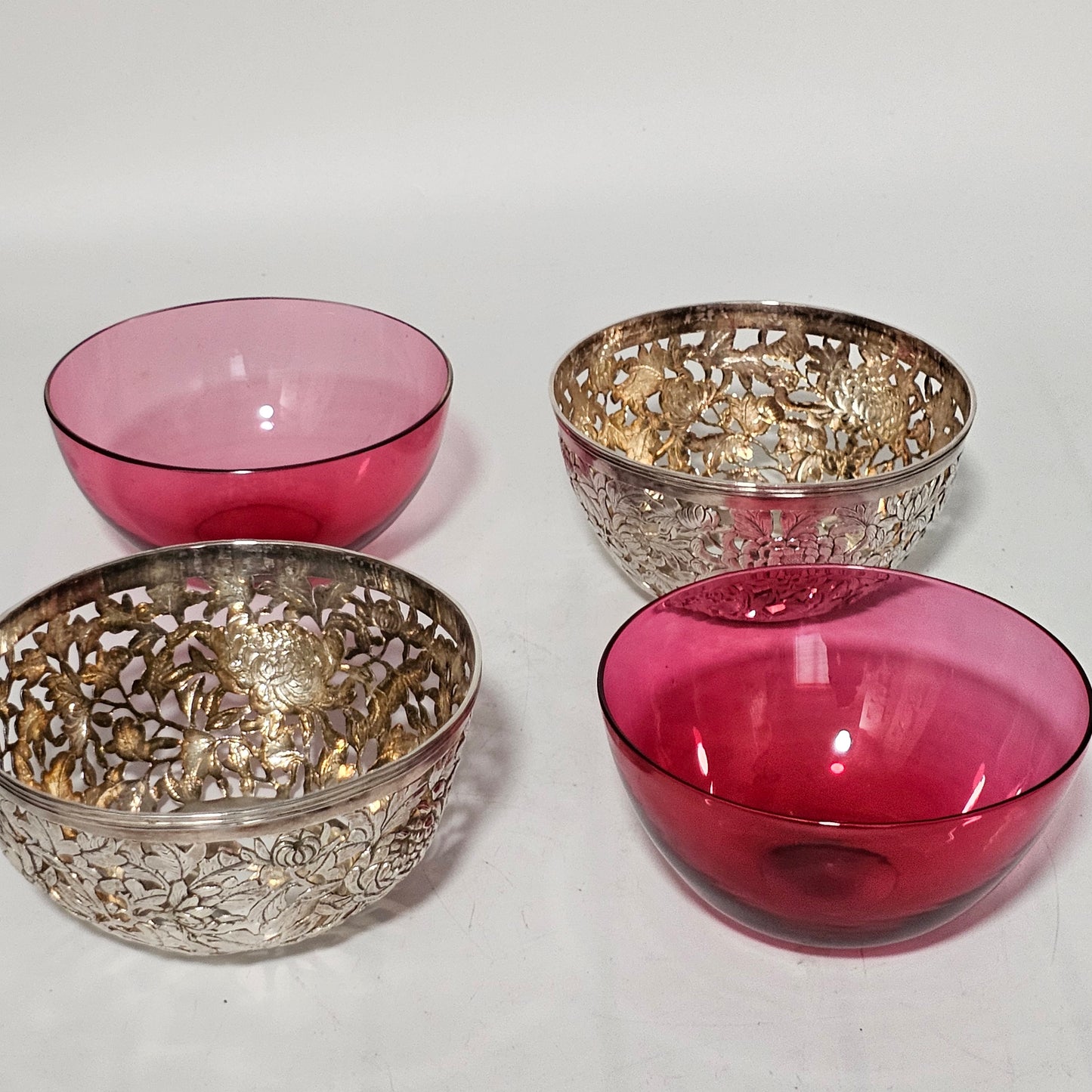 Stunning Pair Of Chinese Silver Bowls With Pink Glass Liners By Wang Hing C1900