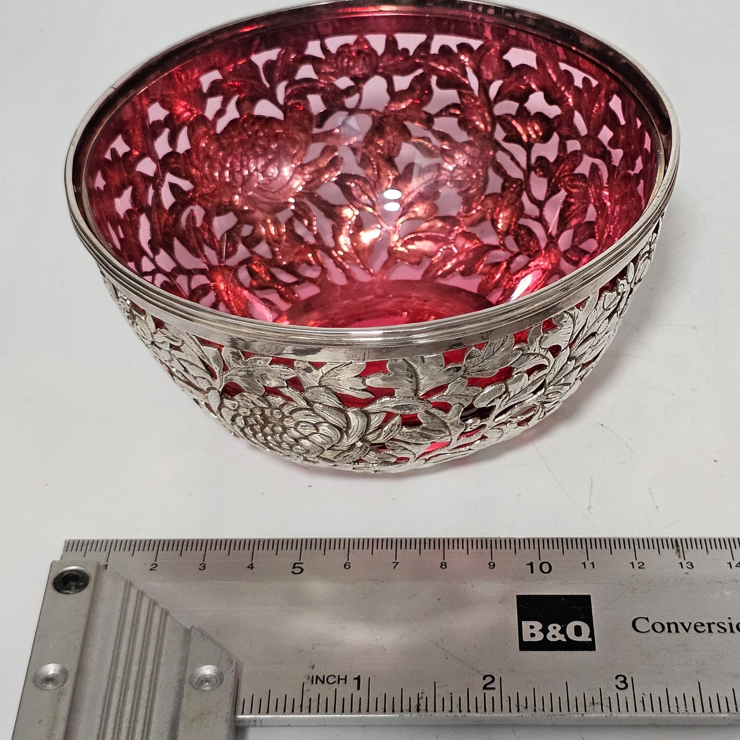 Stunning Pair Of Chinese Silver Bowls With Pink Glass Liners By Wang Hing C1900
