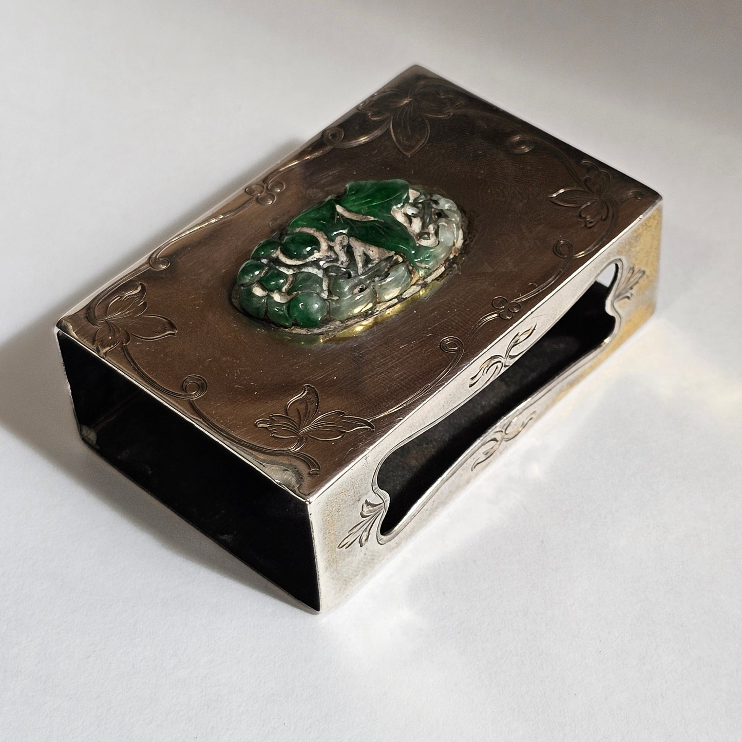 Fine Rare Edward I. Farmer Sterling Silver Matchbox Holder with Jade Plaque