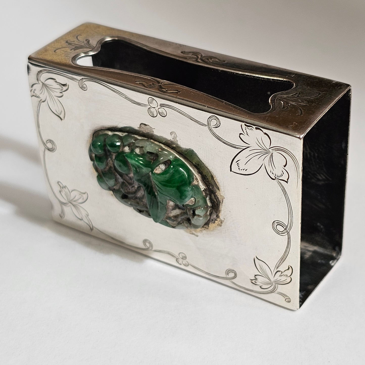 Fine Rare Edward I. Farmer Sterling Silver Matchbox Holder with Jade Plaque