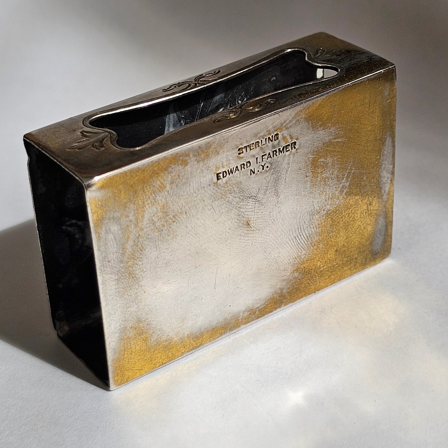 Fine Rare Edward I. Farmer Sterling Silver Matchbox Holder with Jade Plaque