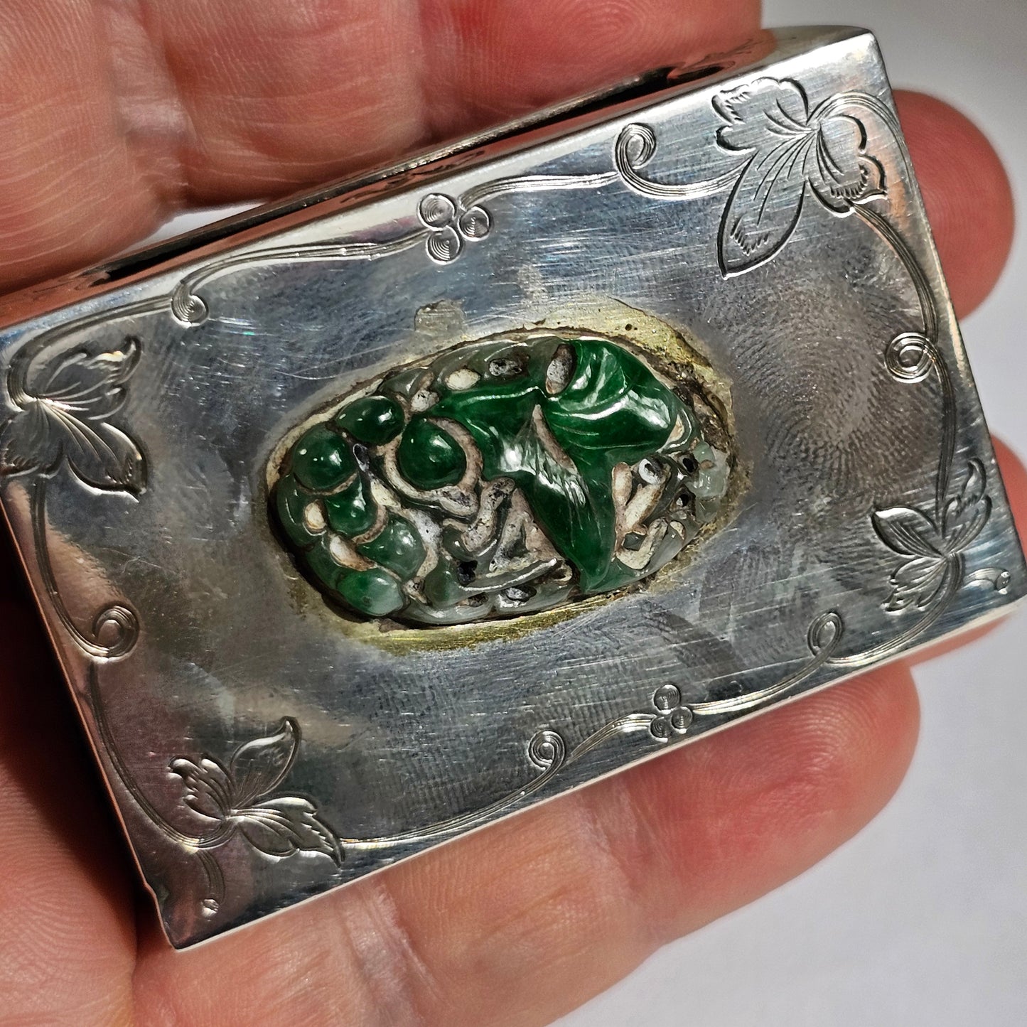 Fine Rare Edward I. Farmer Sterling Silver Matchbox Holder with Jade Plaque
