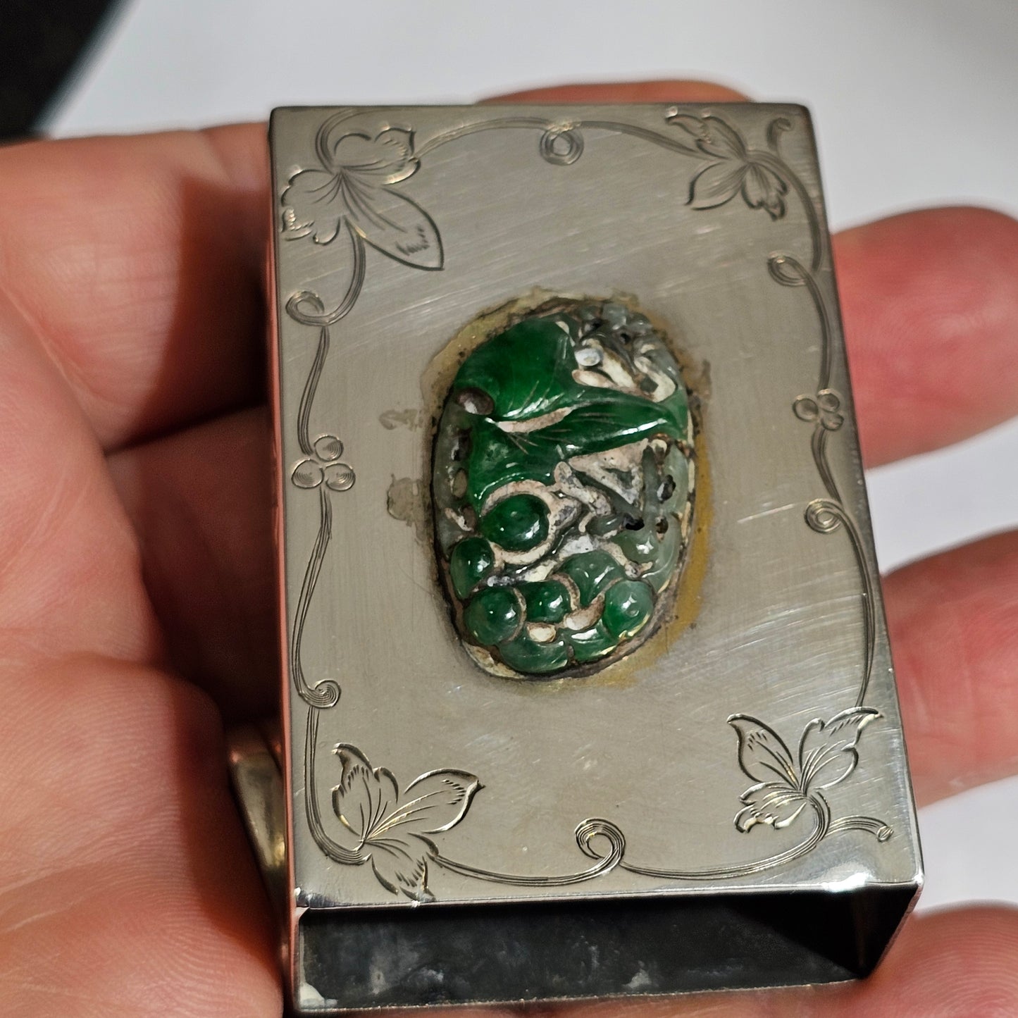 Fine Rare Edward I. Farmer Sterling Silver Matchbox Holder with Jade Plaque