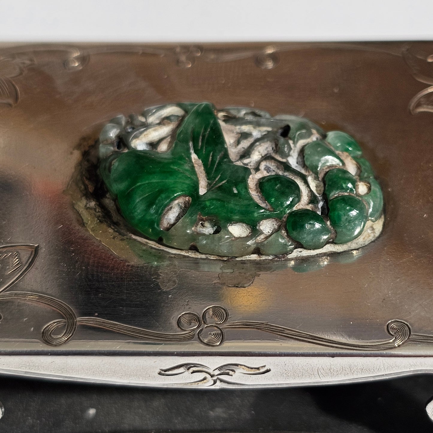Fine Rare Edward I. Farmer Sterling Silver Matchbox Holder with Jade Plaque