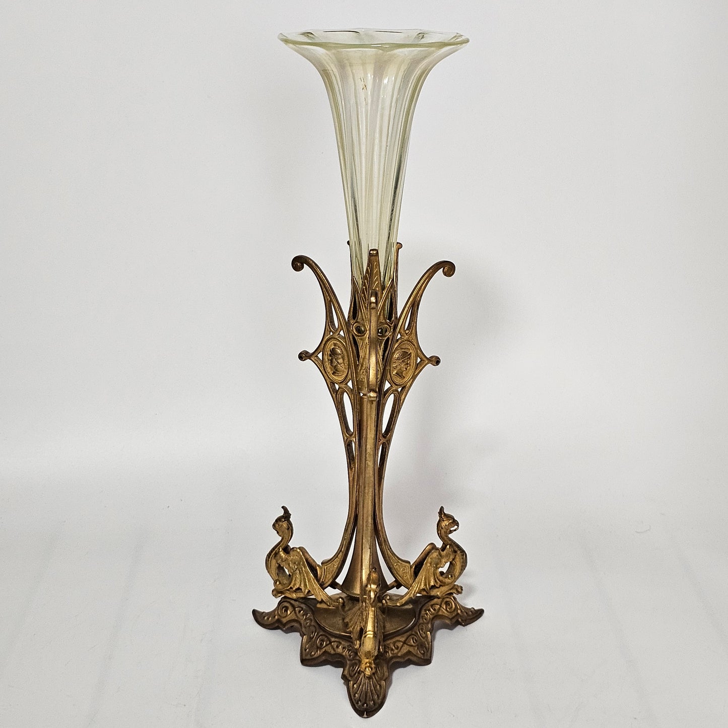 Victorian 1890S Uranium Glass Epergne Vase With A Gilt Bronze Base/Holder