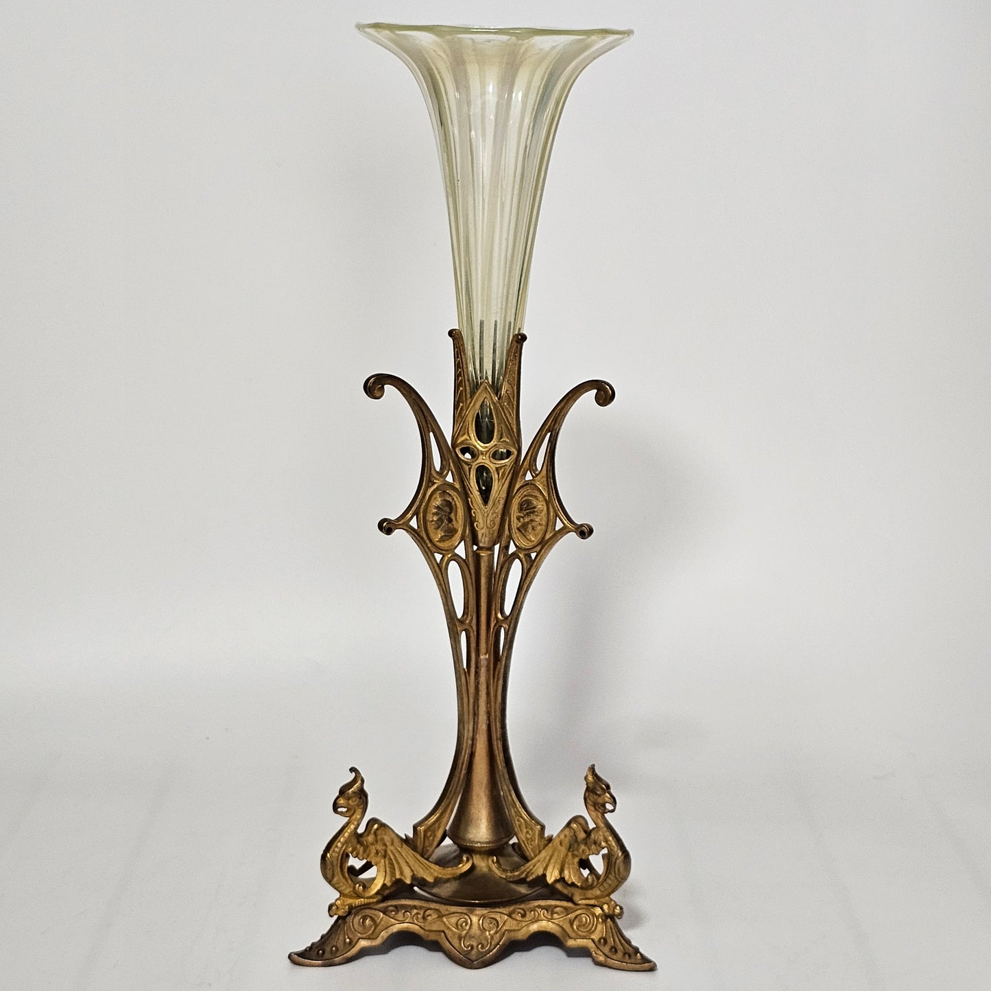Victorian 1890S Uranium Glass Epergne Vase With A Gilt Bronze Base/Holder