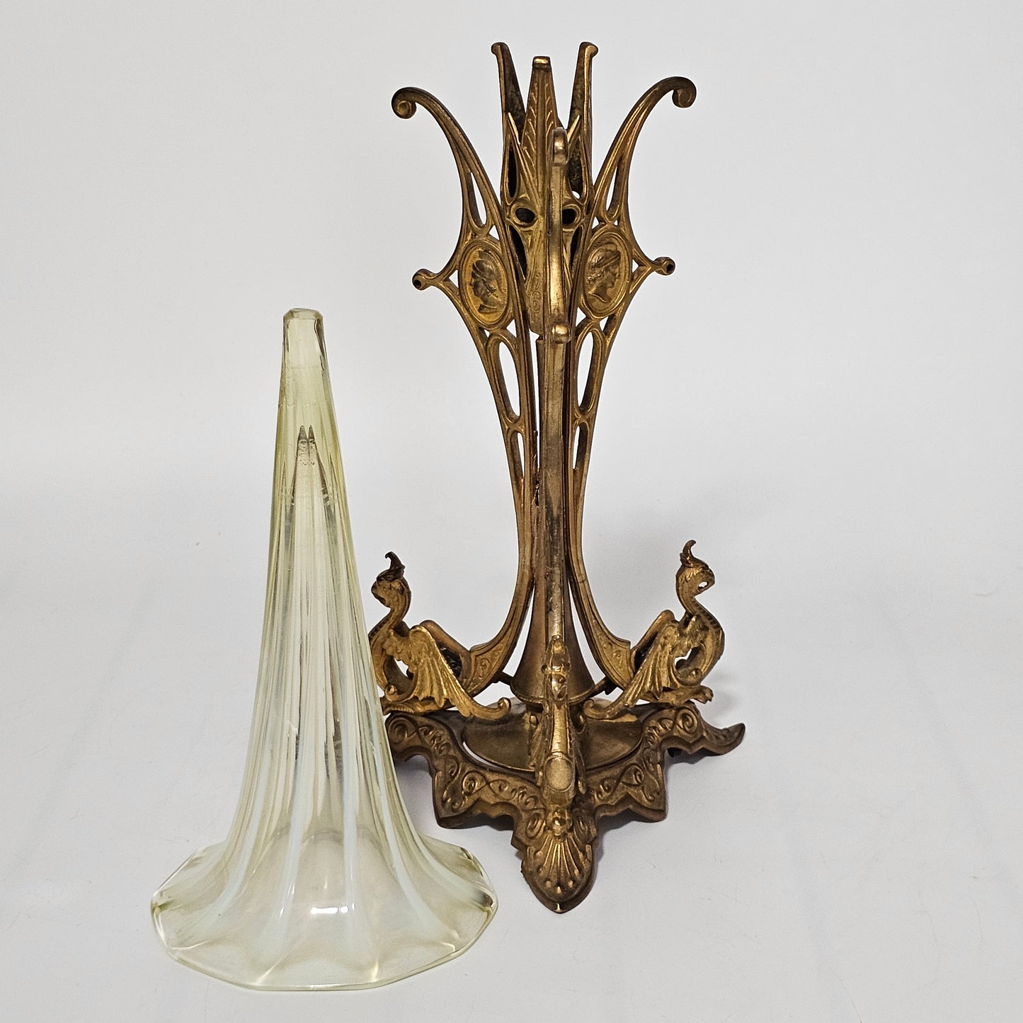 Victorian 1890S Uranium Glass Epergne Vase With A Gilt Bronze Base/Holder