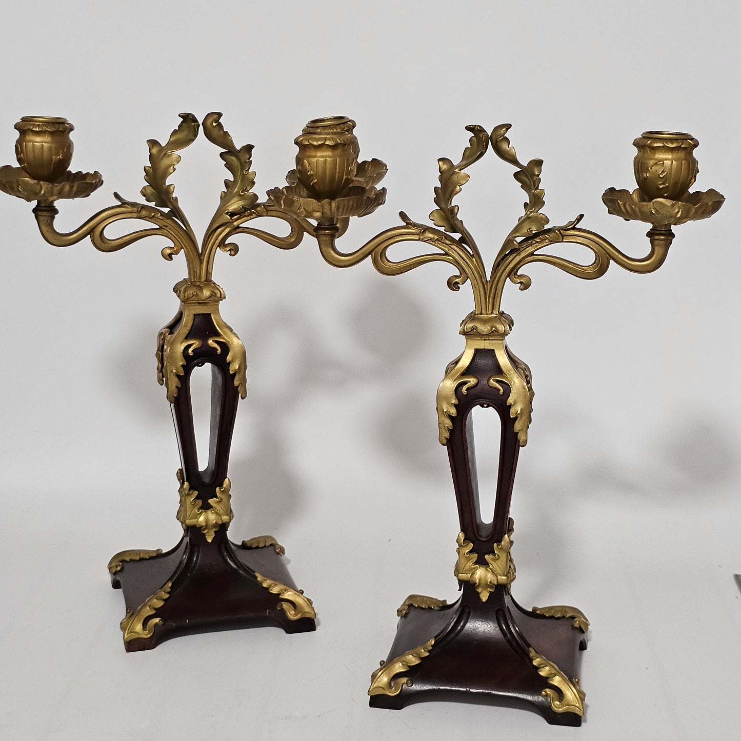 Antique Art Nouveau Jugendstil ~1900 Bronze Gilt & Walnut Candelabra