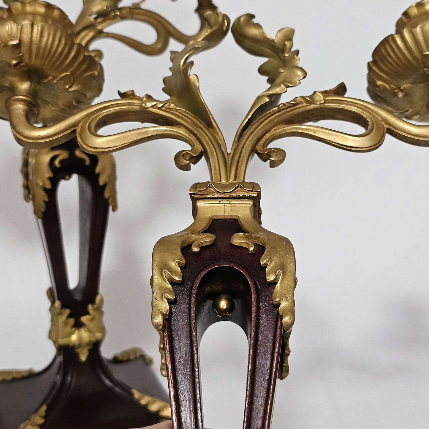 Antique Art Nouveau Jugendstil ~1900 Bronze Gilt & Walnut Candelabra