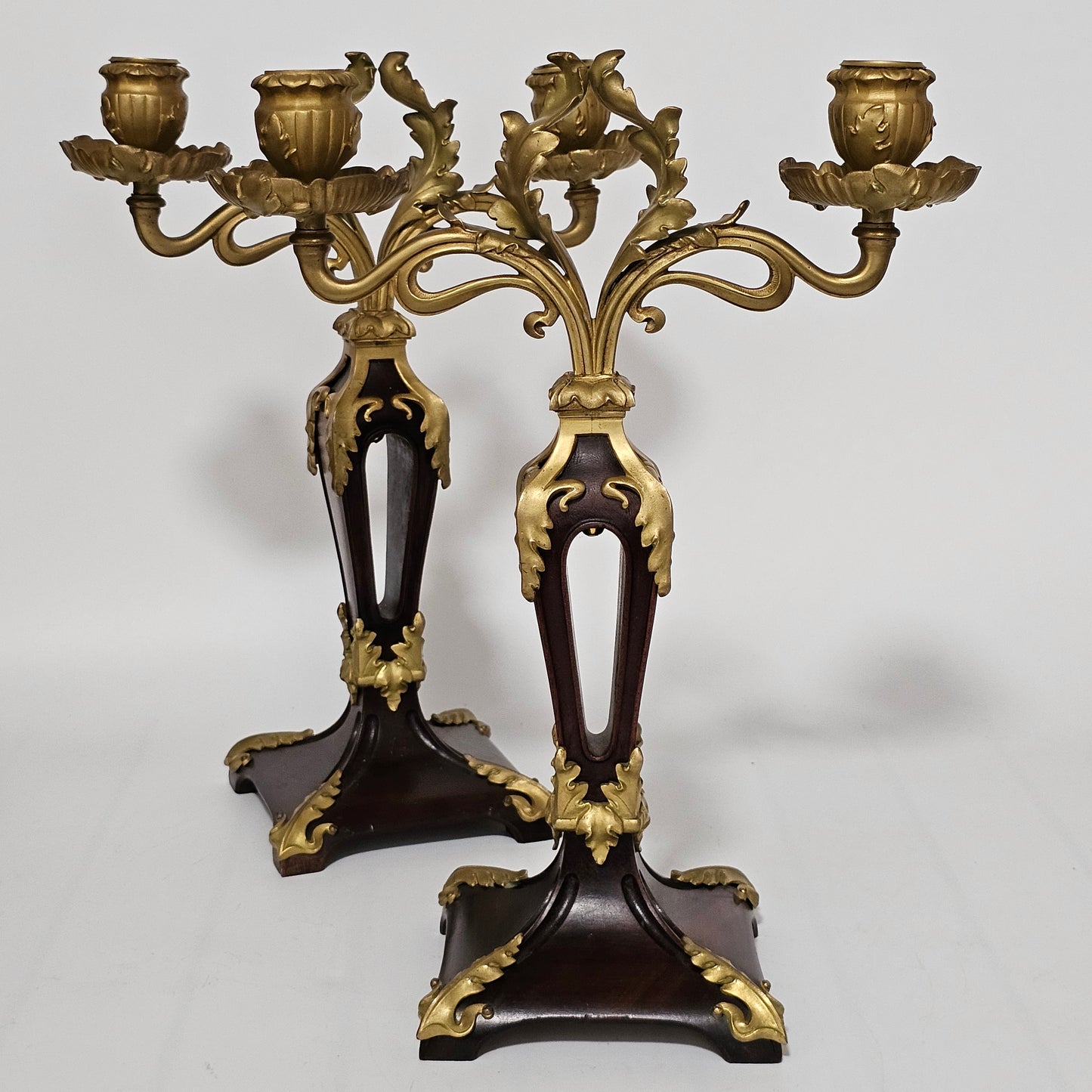 Antique Art Nouveau Jugendstil ~1900 Bronze Gilt & Walnut Candelabra