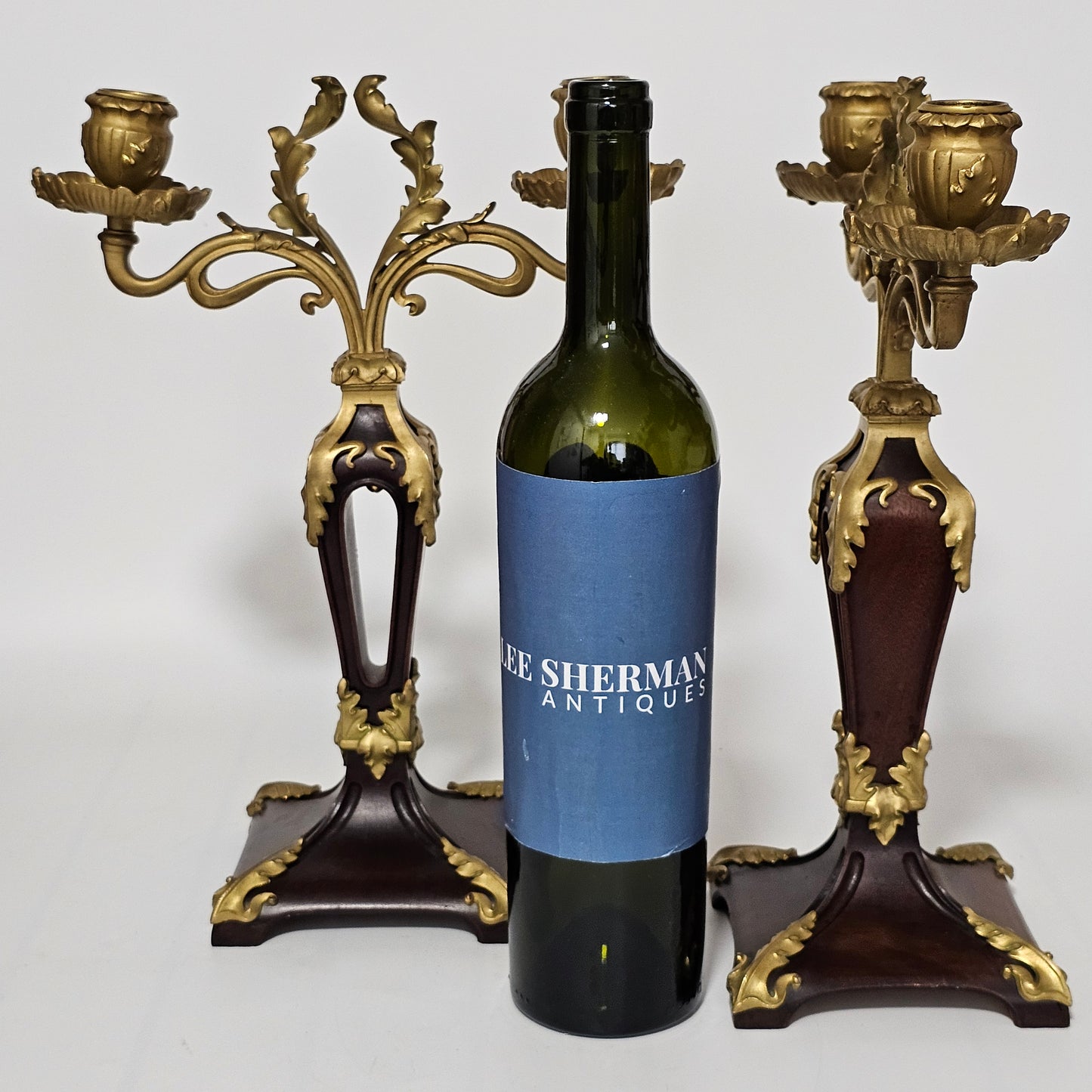 Antique Art Nouveau Jugendstil ~1900 Bronze Gilt & Walnut Candelabra