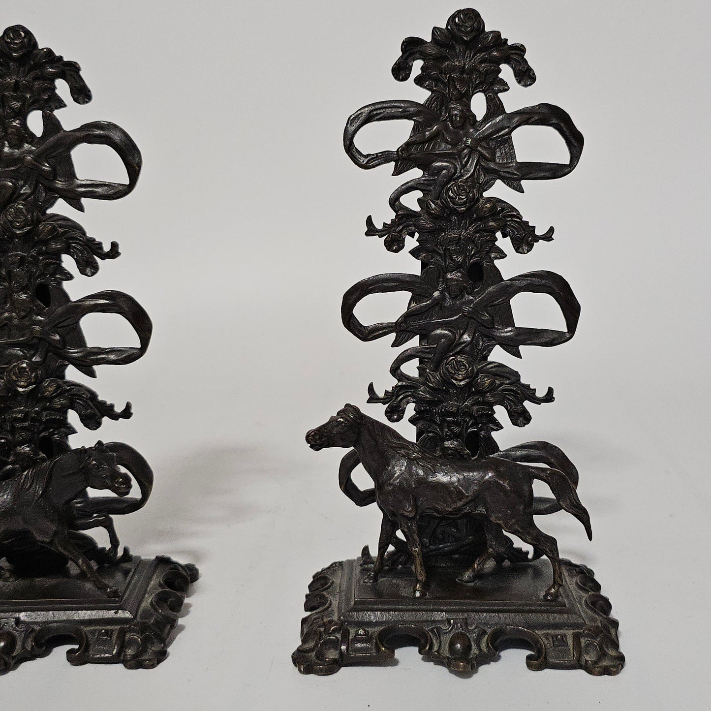 Antique Pair of Mid 19th Century Ornate Bronze Desktop Letter Holder Rack Stands