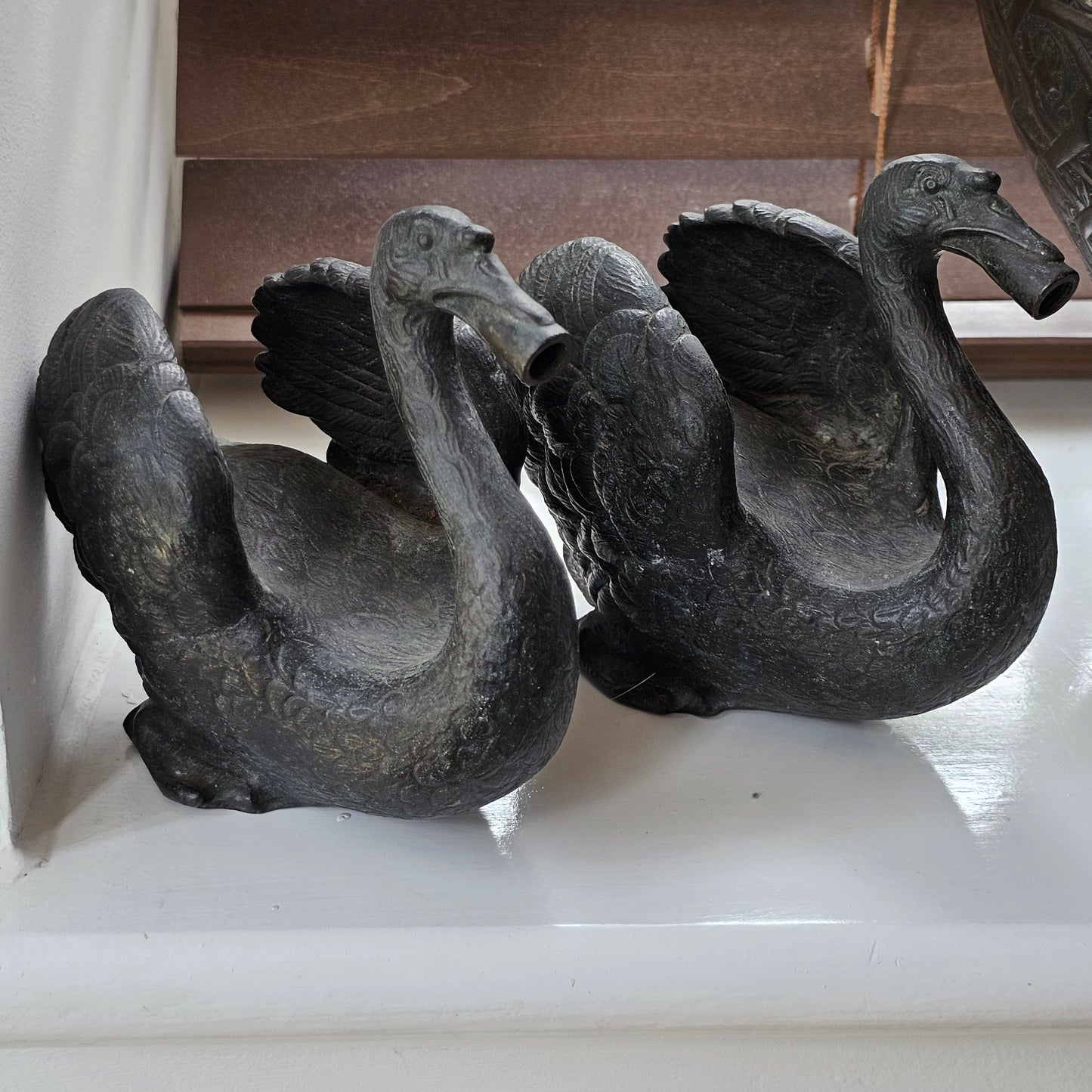 Rare Pair of 19th‑Century Bronze Swan Fountain Spouts