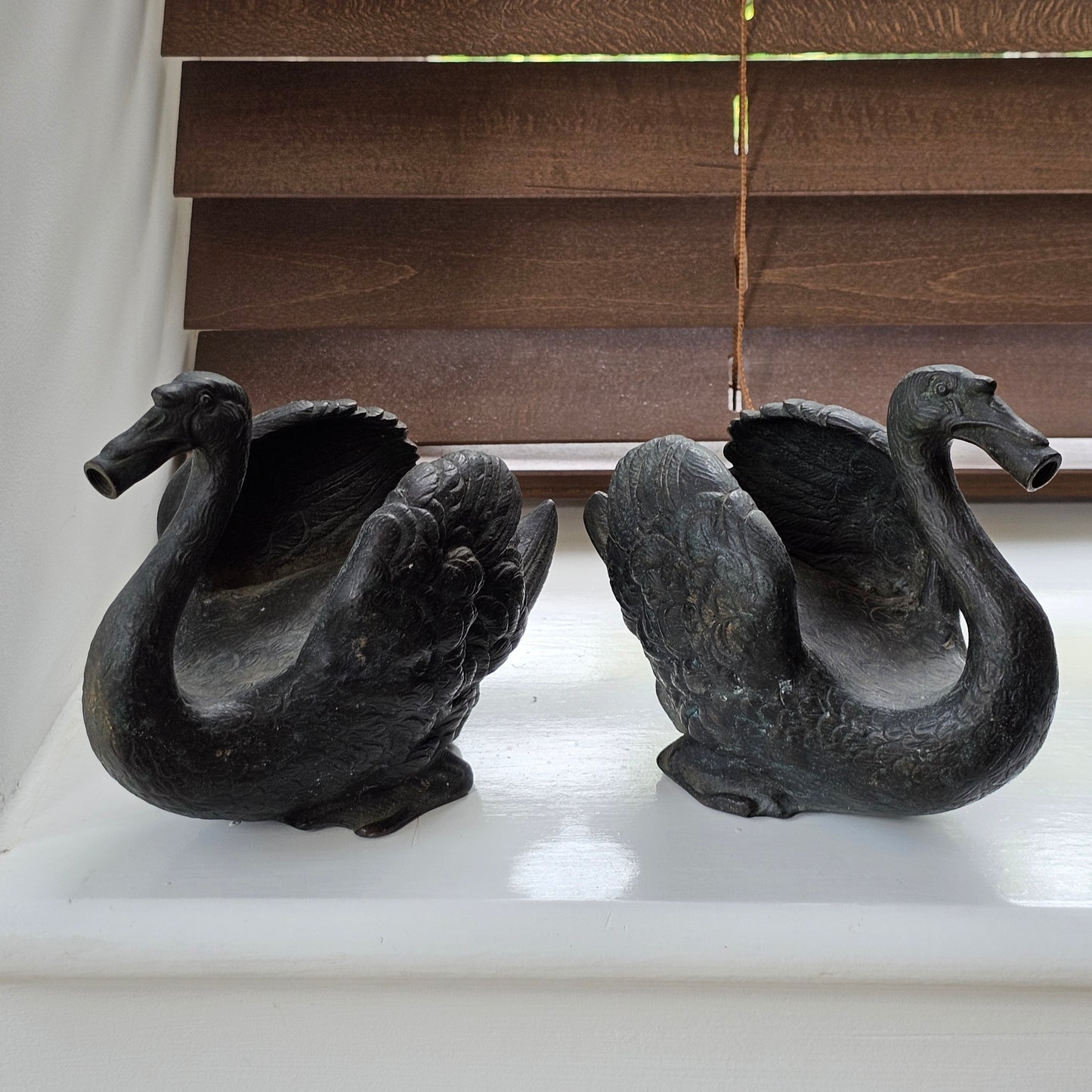 Rare Pair of 19th‑Century Bronze Swan Fountain Spouts