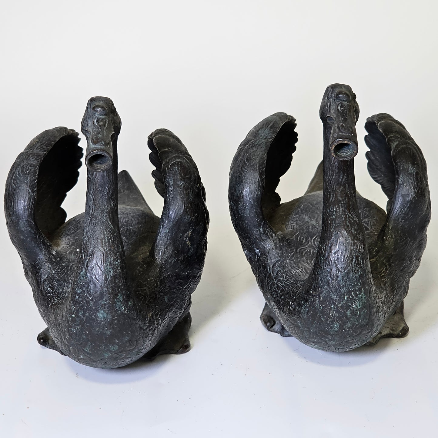 Rare Pair of 19th‑Century Bronze Swan Fountain Spouts