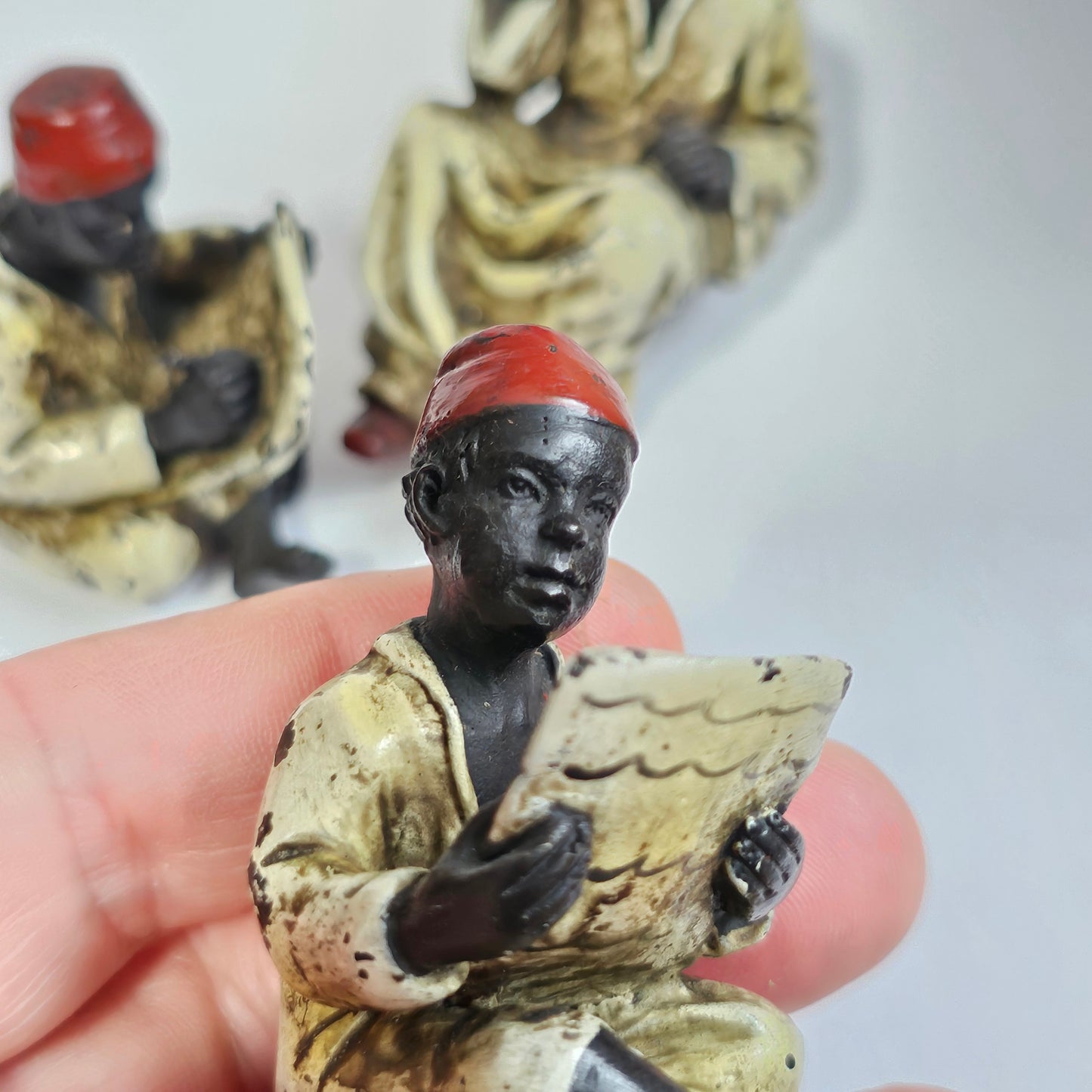 Cold-Painted Bronze Figurines – Arabian Scholars & Teacher Trio (Stamped “B” for Franz Bergman)