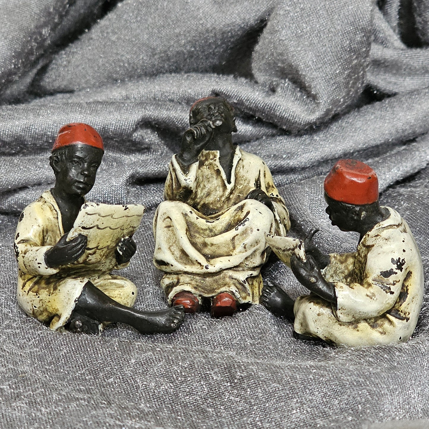 Cold-Painted Bronze Figurines – Arabian Scholars & Teacher Trio (Stamped “B” for Franz Bergman)