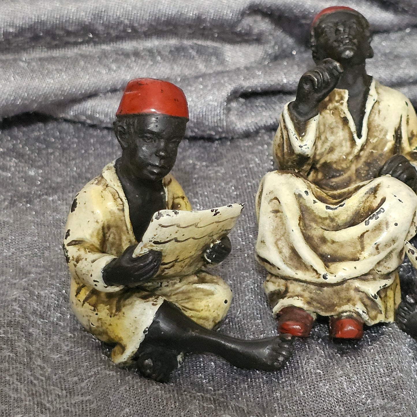 Cold-Painted Bronze Figurines – Arabian Scholars & Teacher Trio (Stamped “B” for Franz Bergman)