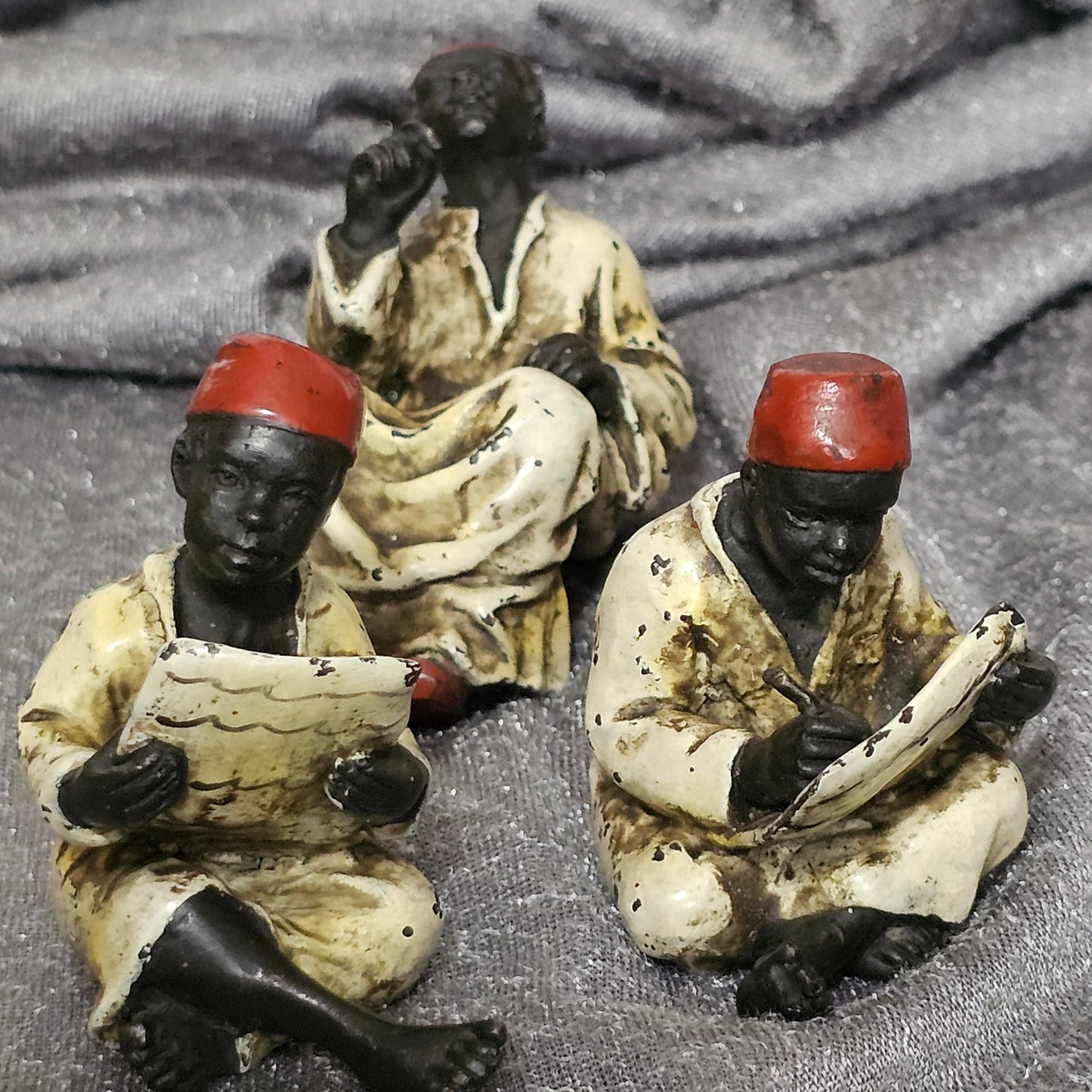 Cold-Painted Bronze Figurines – Arabian Scholars & Teacher Trio (Stamped “B” for Franz Bergman)