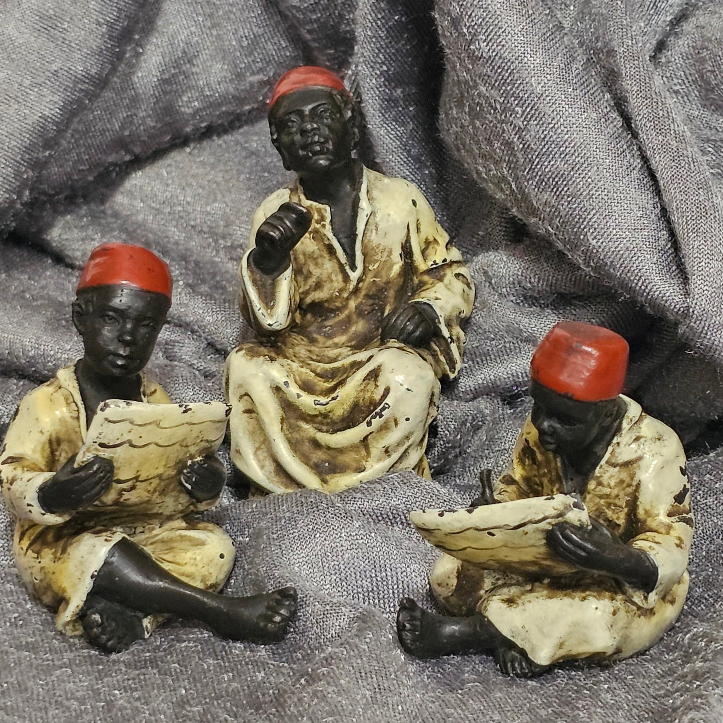 Cold-Painted Bronze Figurines – Arabian Scholars & Teacher Trio (Stamped “B” for Franz Bergman)