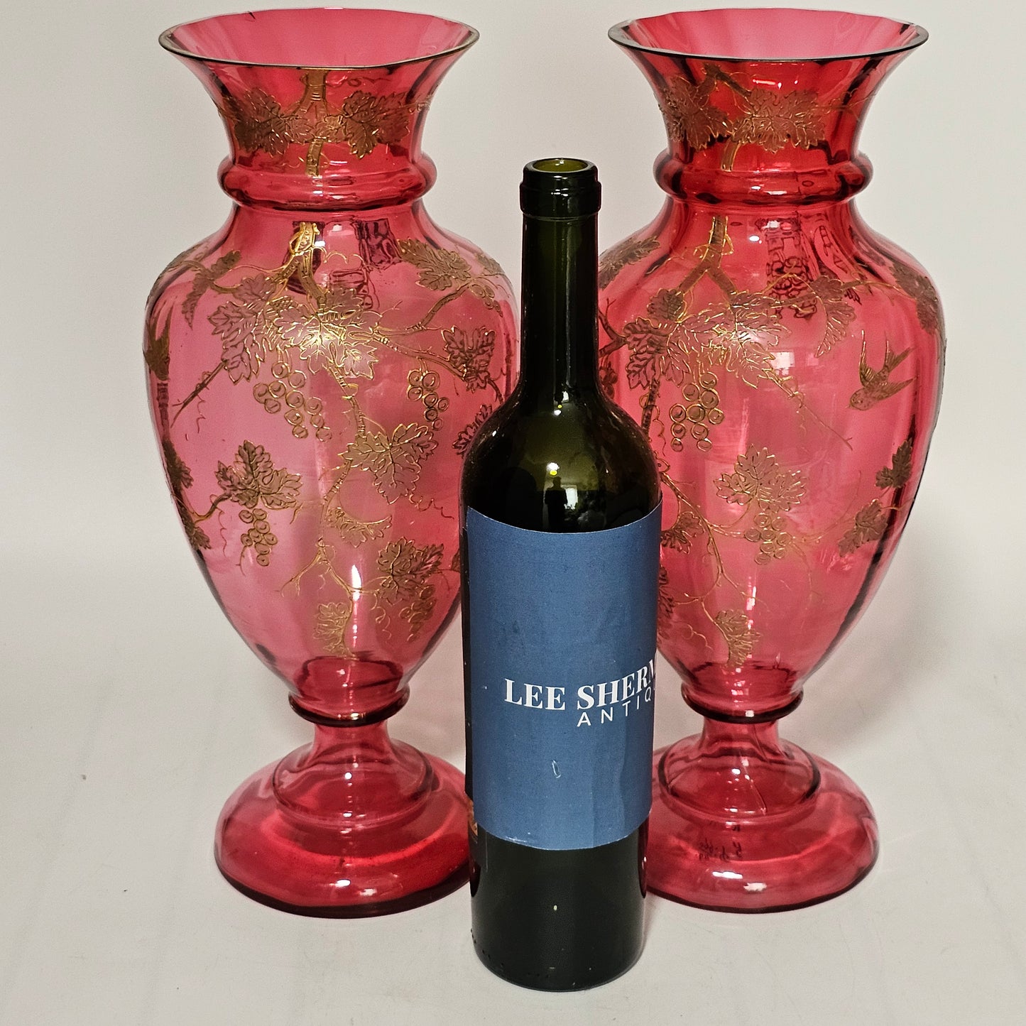 Pair Of Large (36 Cm) Antique Bohemian Cranberry Glass Vases With Gilded Decoration, C.1910 - Lee Sherman Antiques