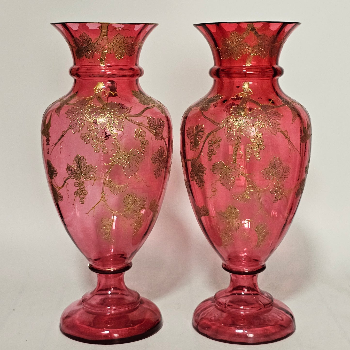 Pair Of Large (36 Cm) Antique Bohemian Cranberry Glass Vases With Gilded Decoration, C.1910 - Lee Sherman Antiques