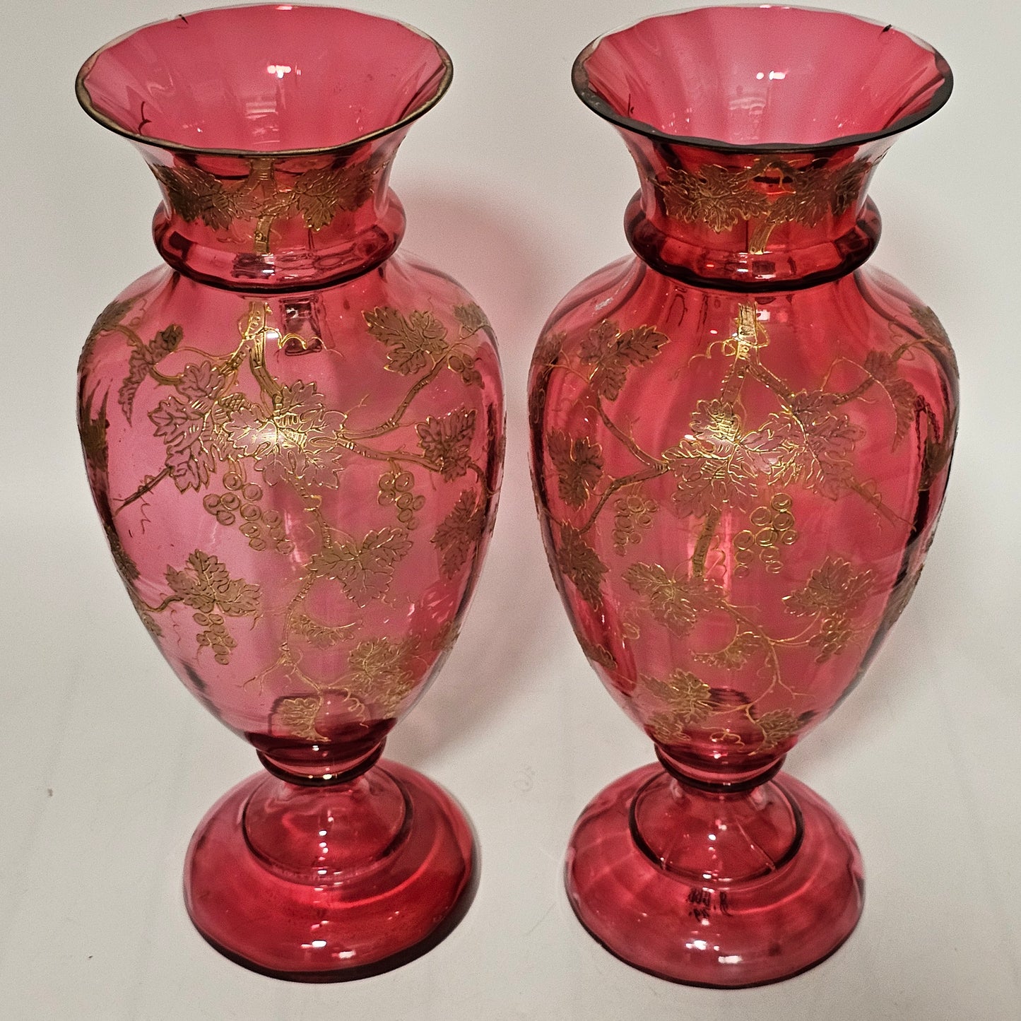 Pair Of Large (36 Cm) Antique Bohemian Cranberry Glass Vases With Gilded Decoration, C.1910 - Lee Sherman Antiques