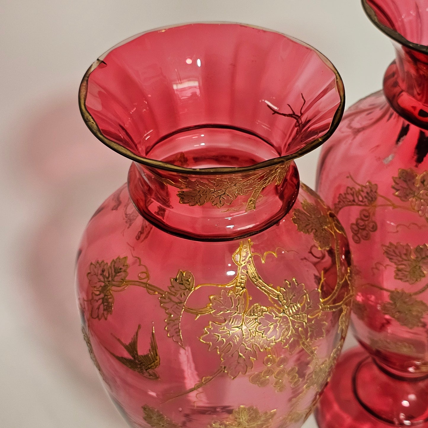 Pair Of Large (36 Cm) Antique Bohemian Cranberry Glass Vases With Gilded Decoration, C.1910 - Lee Sherman Antiques