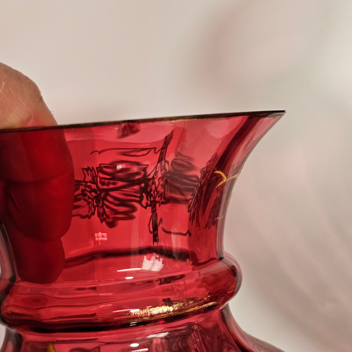 Pair Of Large (36 Cm) Antique Bohemian Cranberry Glass Vases With Gilded Decoration, C.1910 - Lee Sherman Antiques