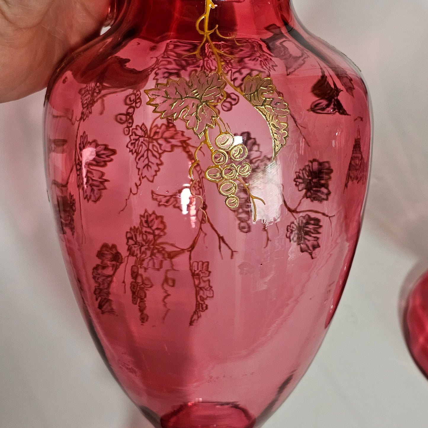 Pair Of Large (36 Cm) Antique Bohemian Cranberry Glass Vases With Gilded Decoration, C.1910 - Lee Sherman Antiques