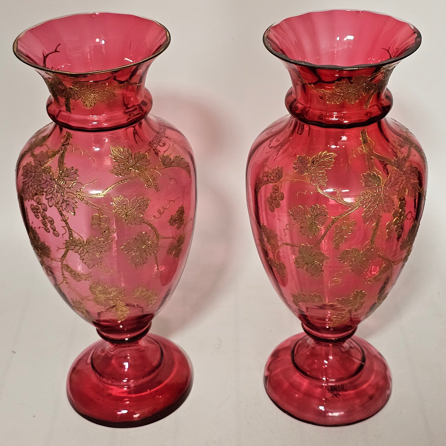 Pair Of Large (36 Cm) Antique Bohemian Cranberry Glass Vases With Gilded Decoration, C.1910 - Lee Sherman Antiques