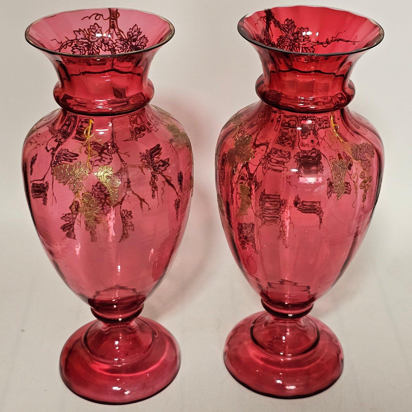 Pair Of Large (36 Cm) Antique Bohemian Cranberry Glass Vases With Gilded Decoration, C.1910 - Lee Sherman Antiques