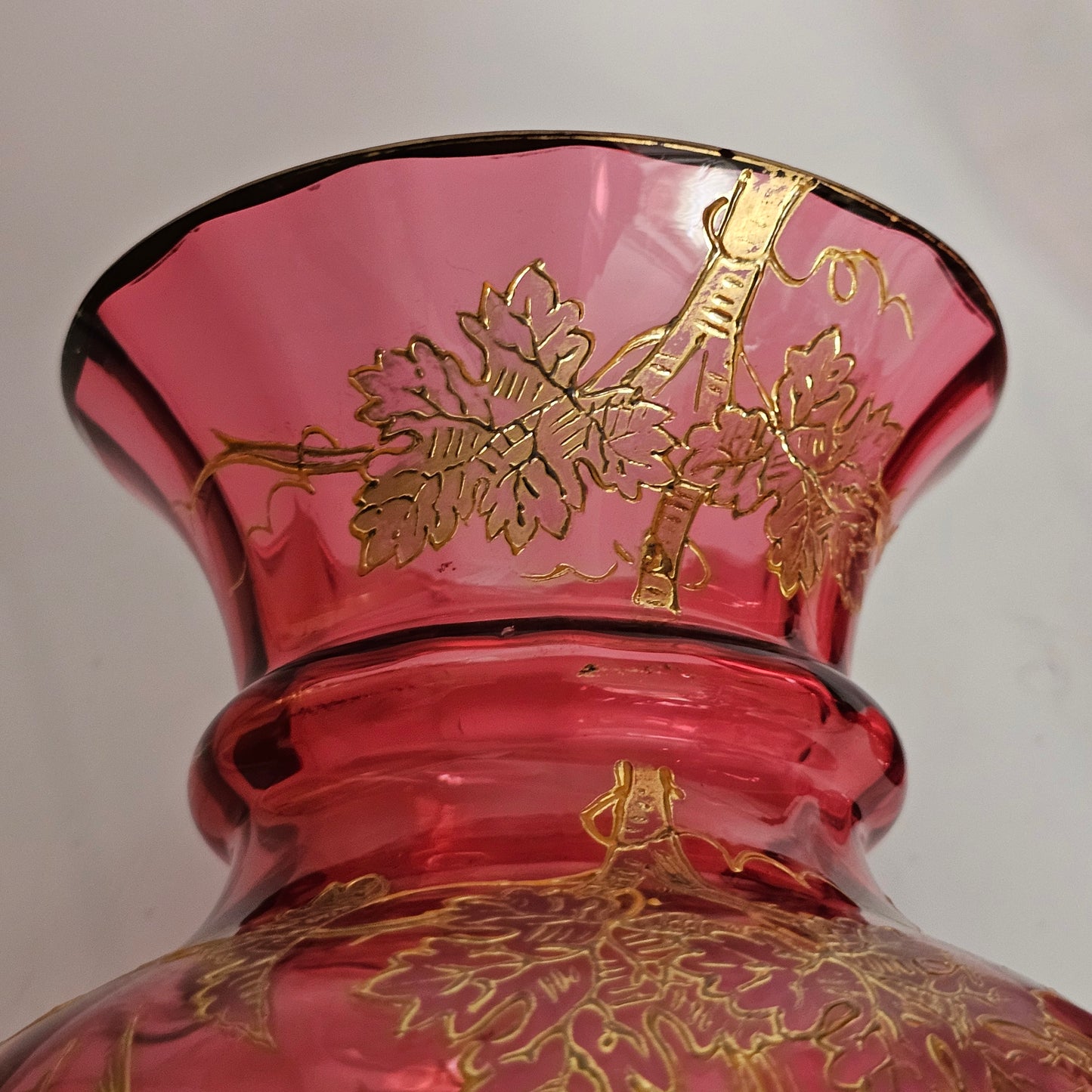 Pair Of Large (36 Cm) Antique Bohemian Cranberry Glass Vases With Gilded Decoration, C.1910 - Lee Sherman Antiques