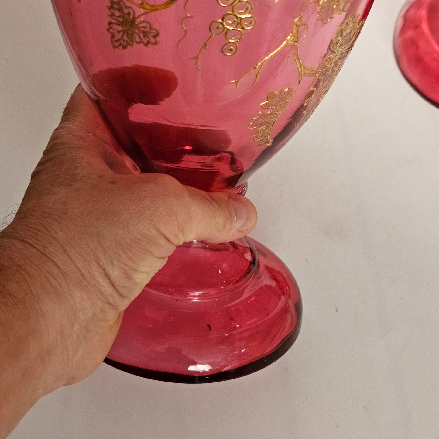 Pair Of Large (36 Cm) Antique Bohemian Cranberry Glass Vases With Gilded Decoration, C.1910 - Lee Sherman Antiques
