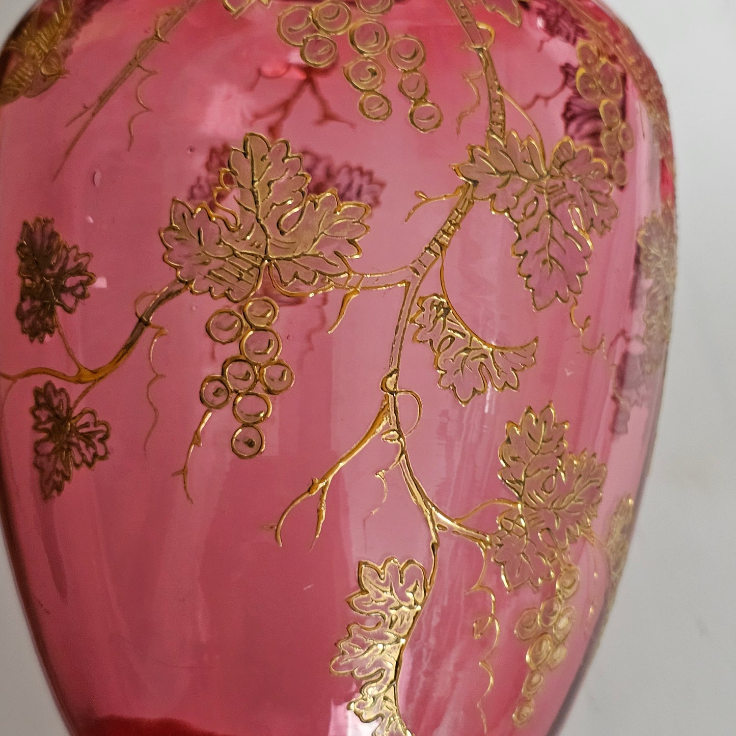 Pair Of Large (36 Cm) Antique Bohemian Cranberry Glass Vases With Gilded Decoration, C.1910 - Lee Sherman Antiques