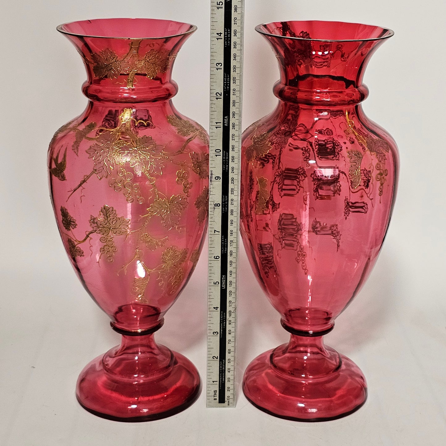 Pair Of Large (36 Cm) Antique Bohemian Cranberry Glass Vases With Gilded Decoration, C.1910 - Lee Sherman Antiques