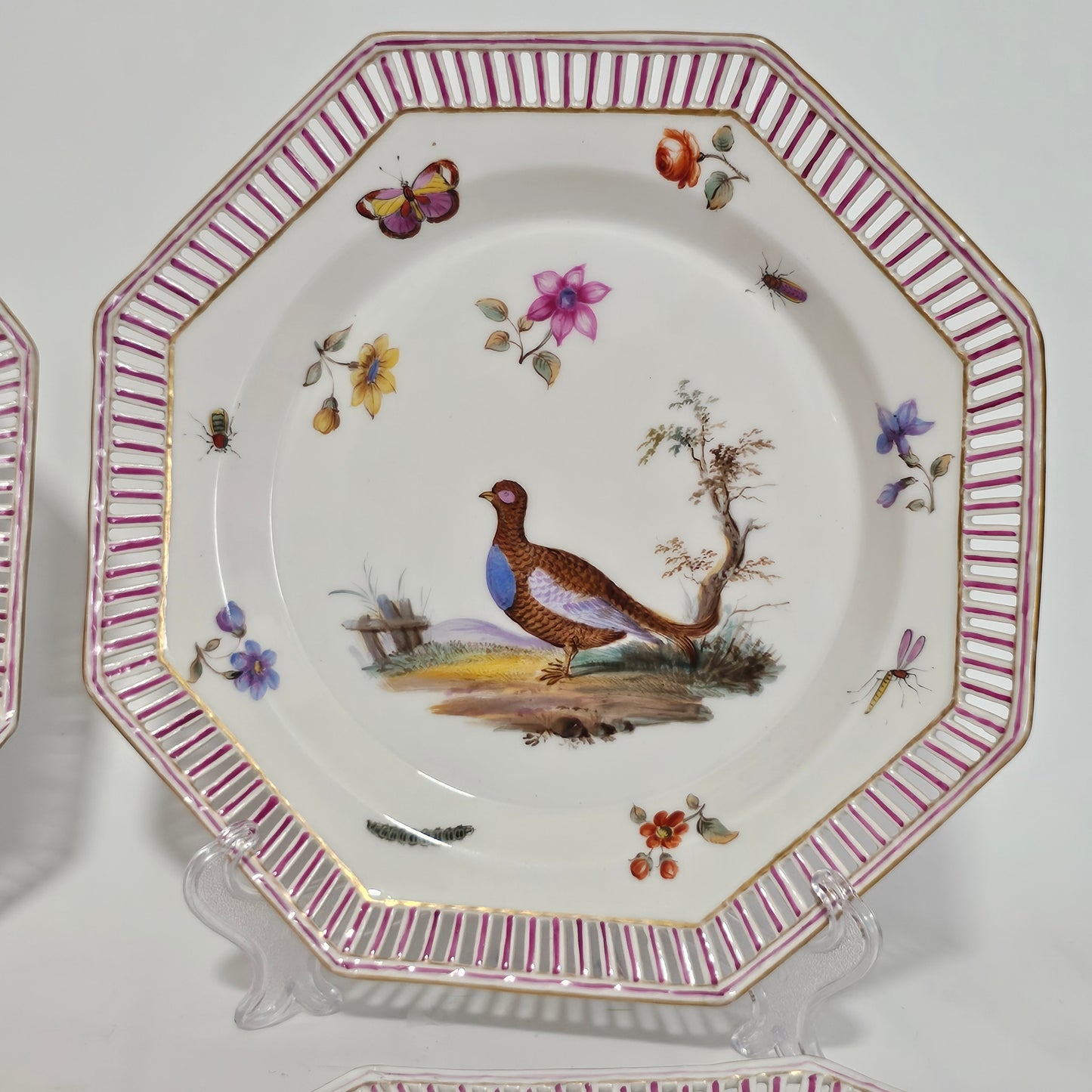 Set Of Four Kpm Berlin Porcelain Octagonal Fretted Plates Hand Painted - Lee Sherman Antiques
