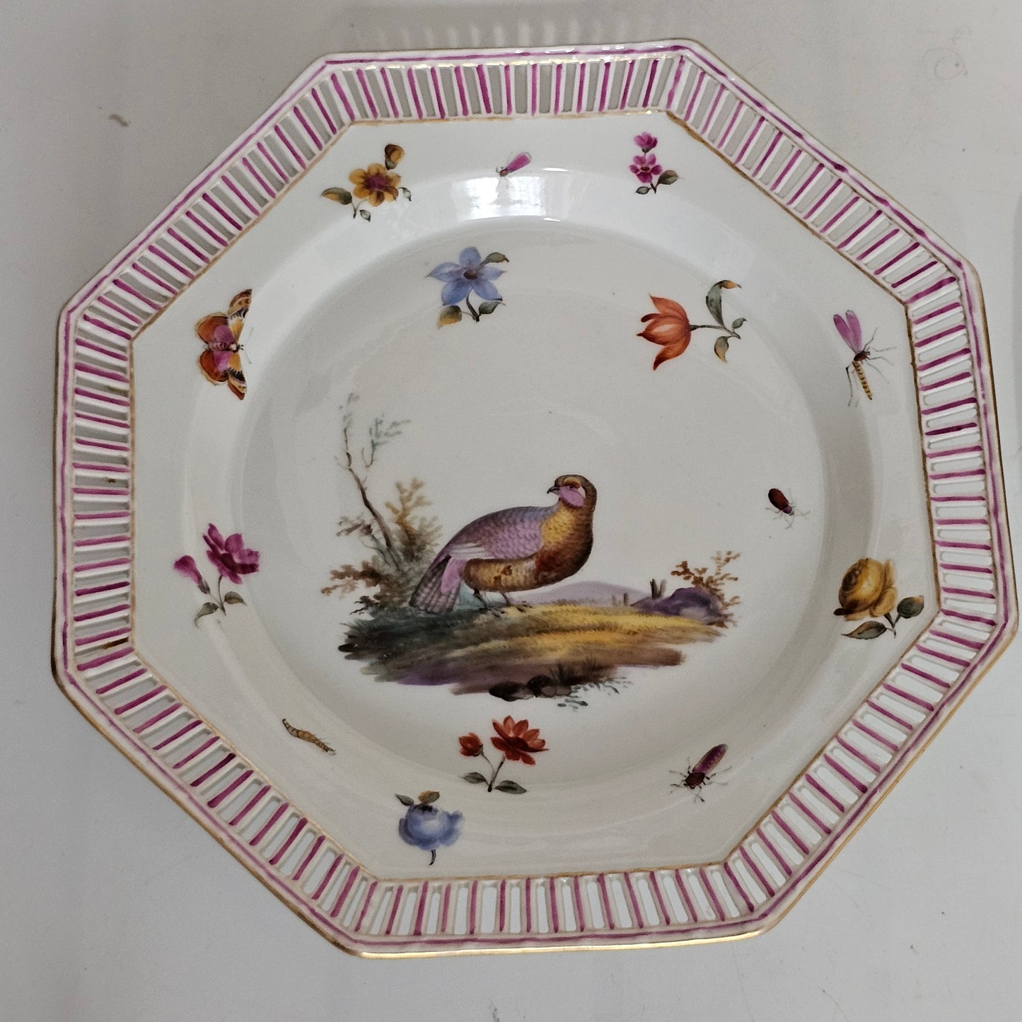 Set Of Four Kpm Berlin Porcelain Octagonal Fretted Plates Hand Painted - Lee Sherman Antiques