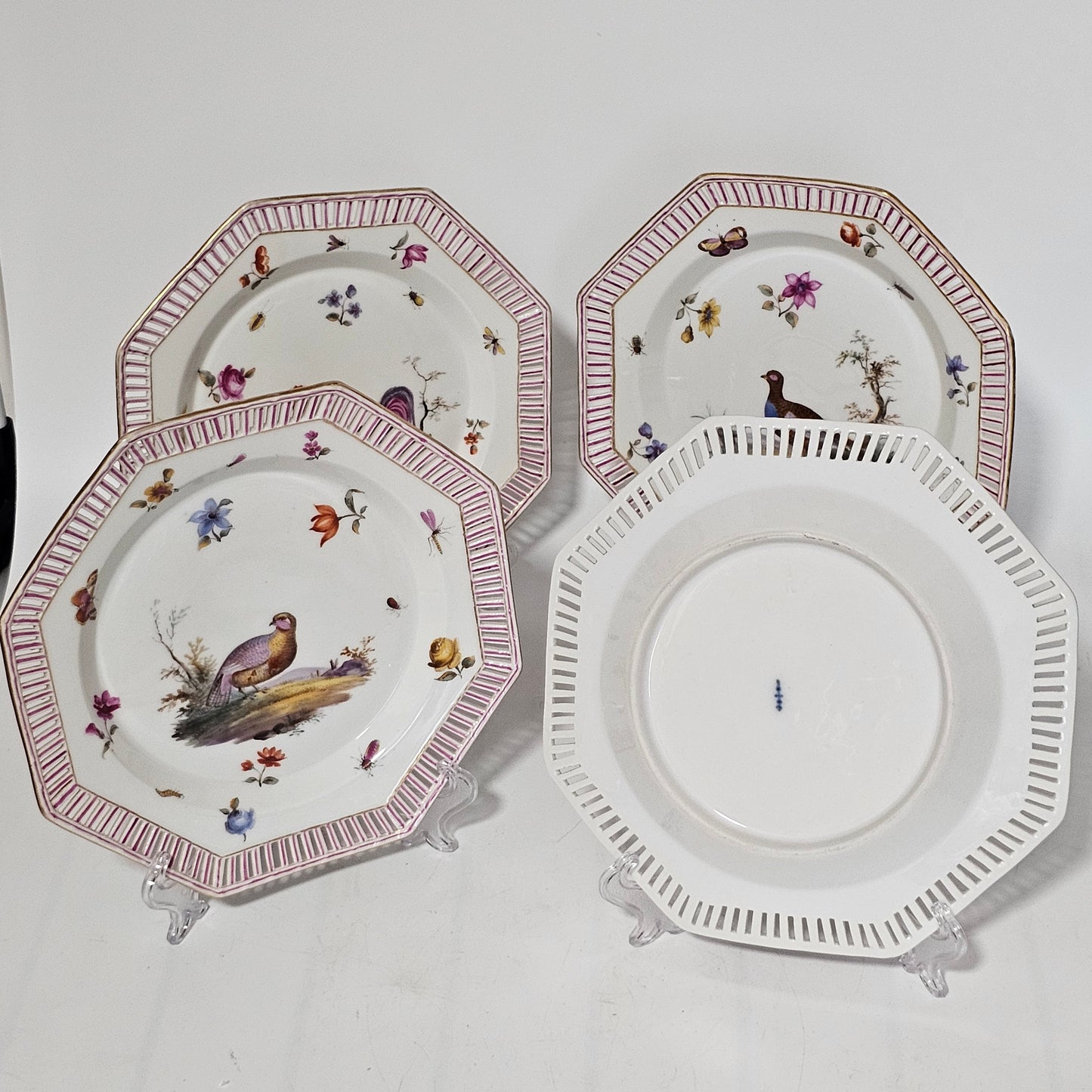 Set Of Four Kpm Berlin Porcelain Octagonal Fretted Plates Hand Painted - Lee Sherman Antiques