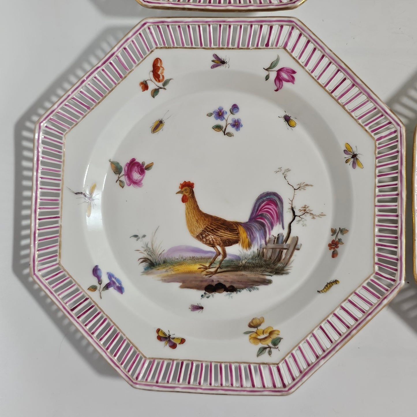 Set Of Four Kpm Berlin Porcelain Octagonal Fretted Plates Hand Painted - Lee Sherman Antiques