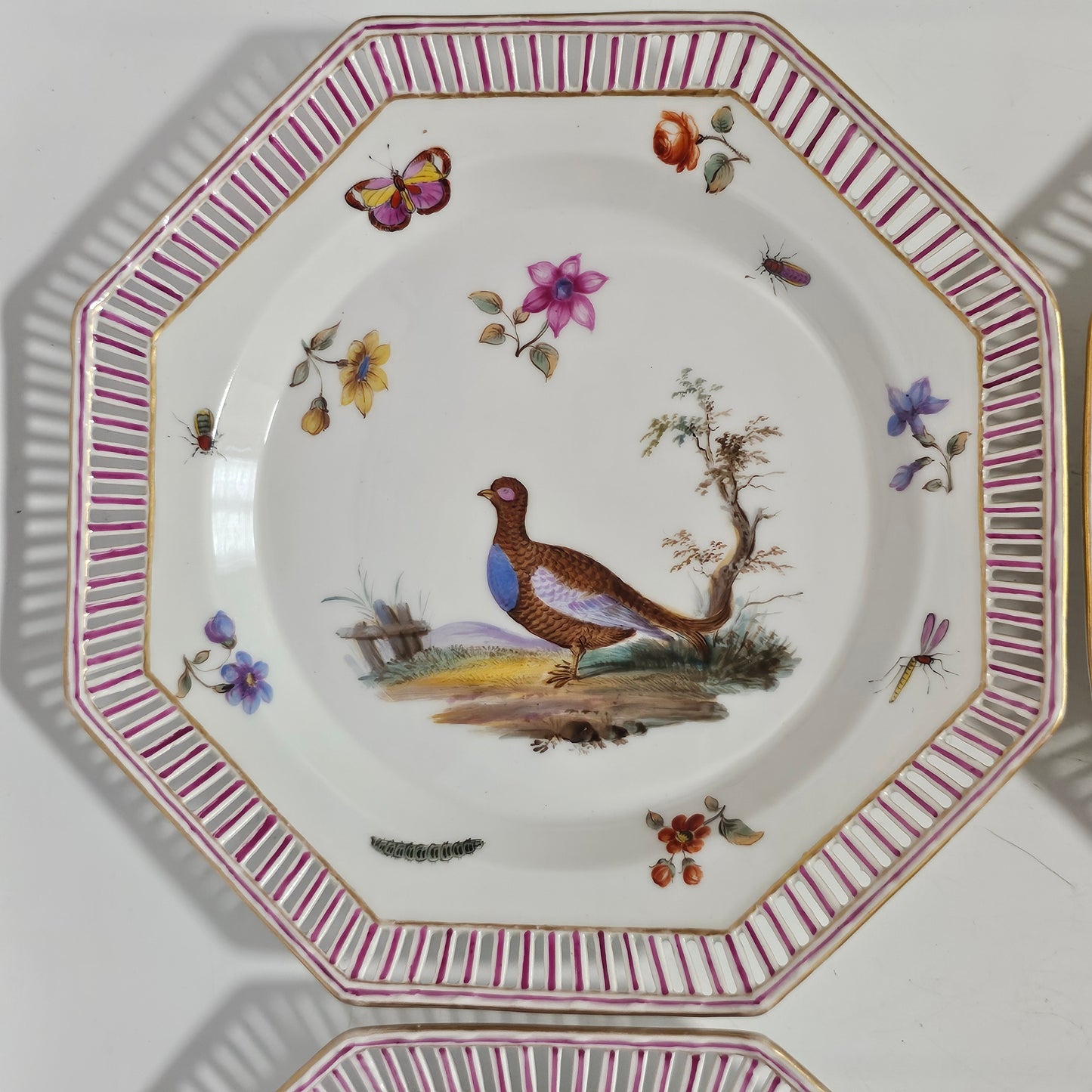 Set Of Four Kpm Berlin Porcelain Octagonal Fretted Plates Hand Painted - Lee Sherman Antiques