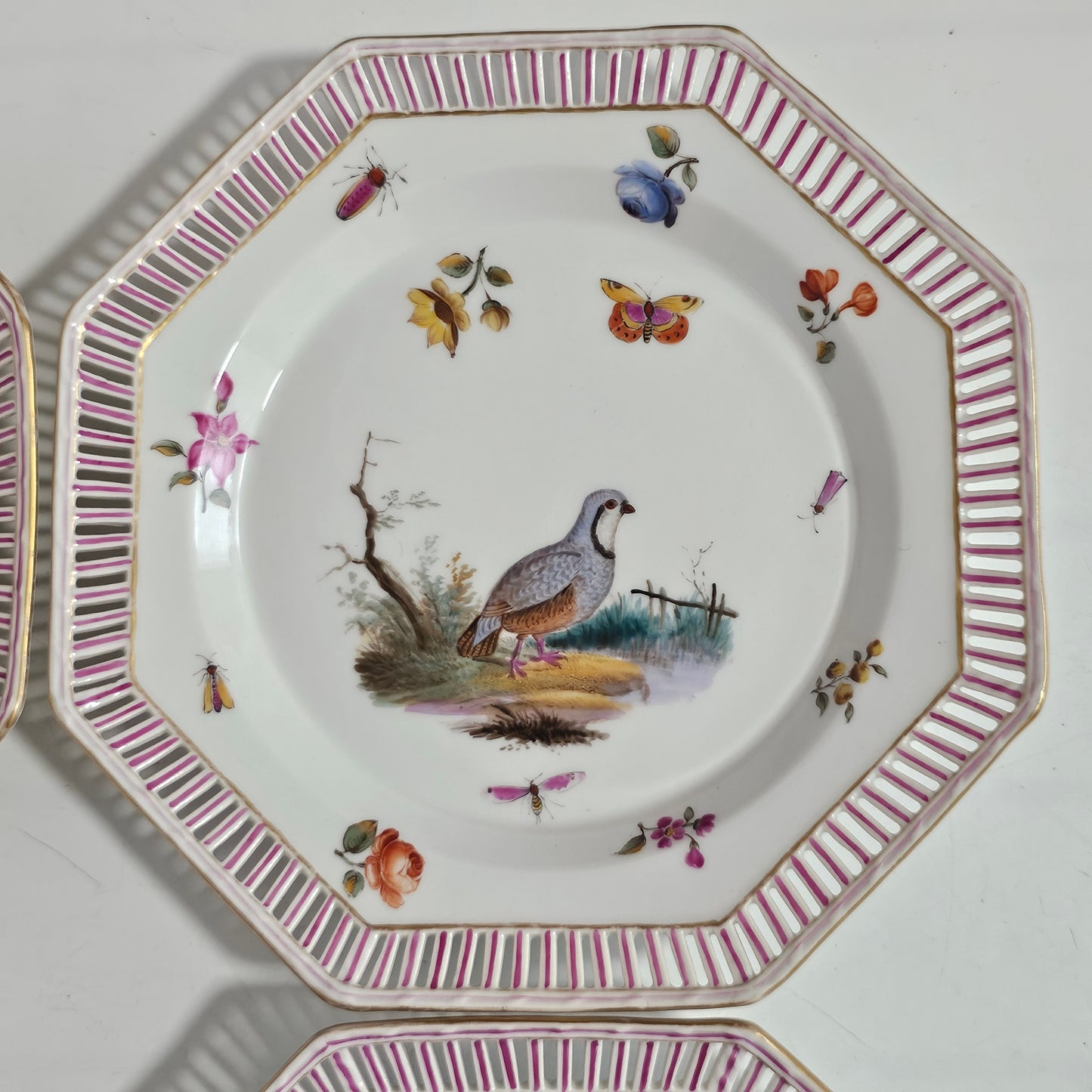 Set Of Four Kpm Berlin Porcelain Octagonal Fretted Plates Hand Painted - Lee Sherman Antiques
