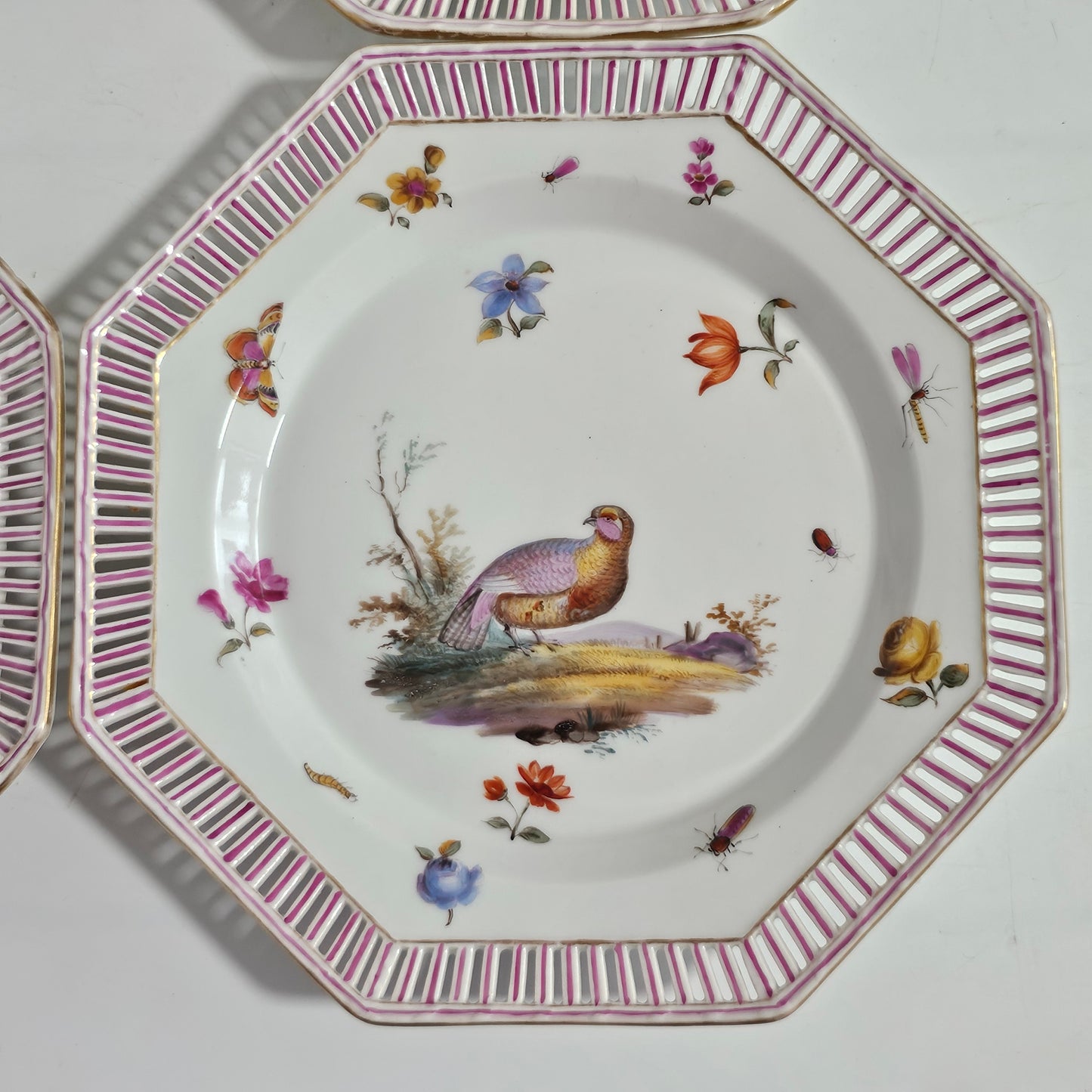 Set Of Four Kpm Berlin Porcelain Octagonal Fretted Plates Hand Painted - Lee Sherman Antiques