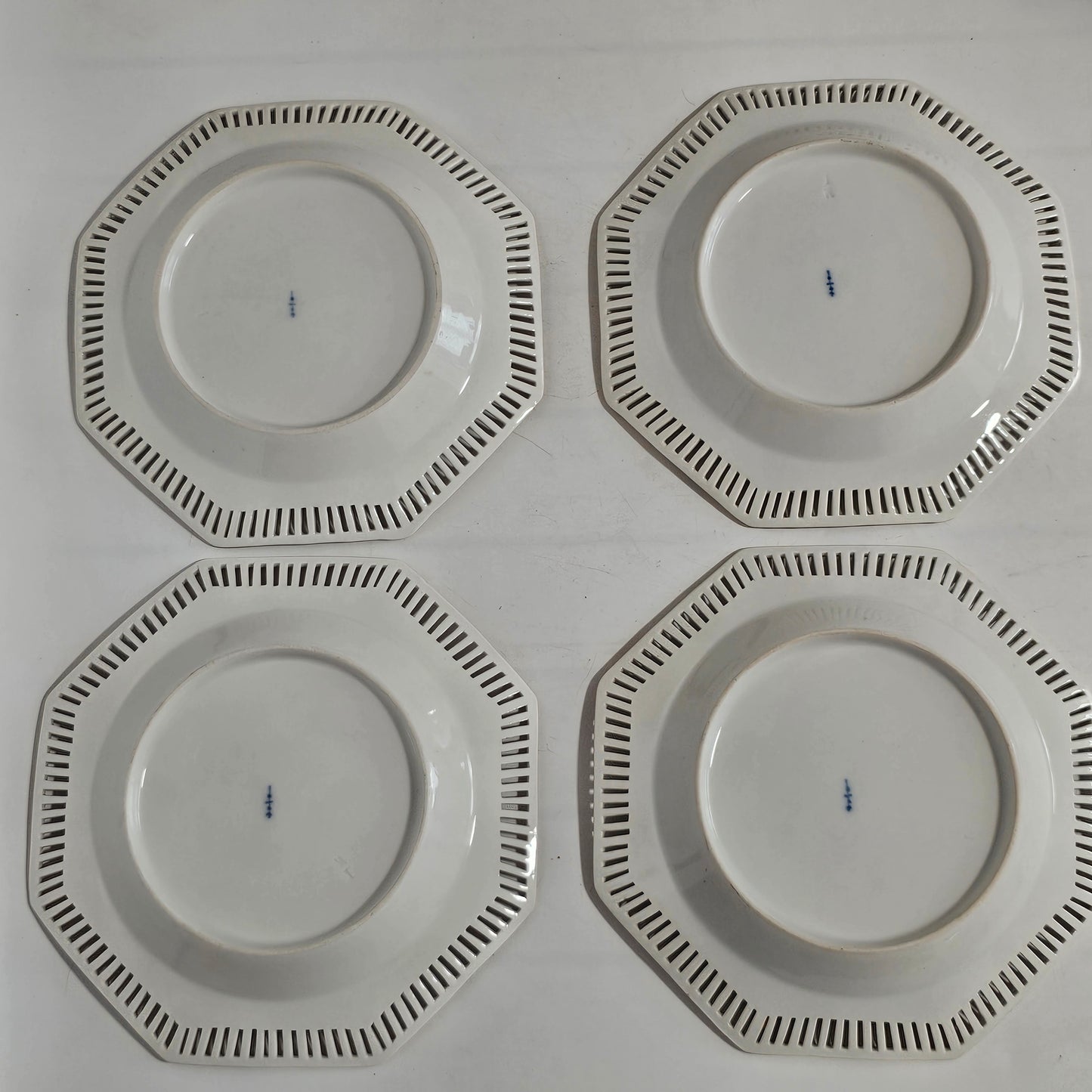 Set Of Four Kpm Berlin Porcelain Octagonal Fretted Plates Hand Painted - Lee Sherman Antiques