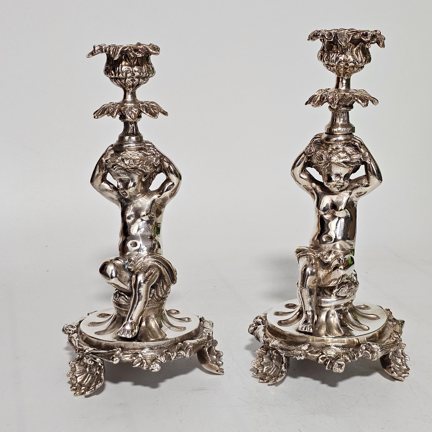 Fine Quality Antique Silver Plated Pair Of Cherub/putti Candlesticks - Lee Sherman Antiques